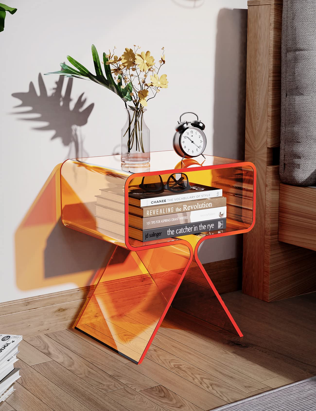 Modern Clear Acrylic Nightstand Side Table - Stylish End Table for Living Room, Bedroom & Office - Orange Home Decor Display for Contemporary Spaces