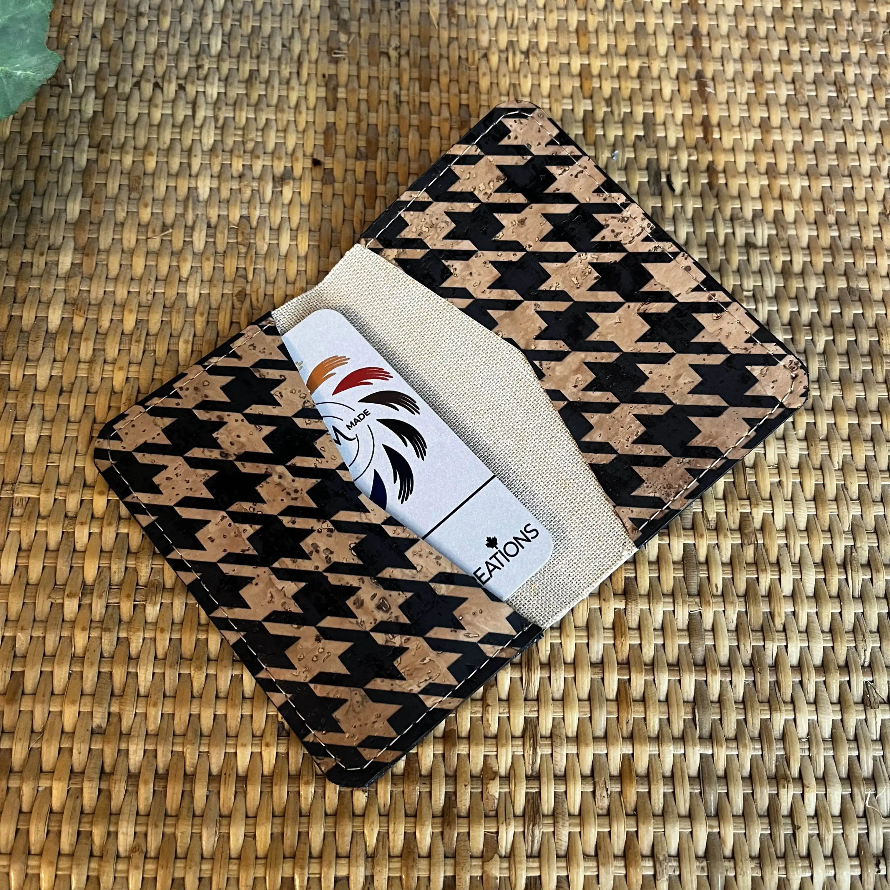 Slim Cork Card Holder Wallet - Houndstooth Pattern RFID Blocking Minimalist Wallet for Men & Women | Perfect for Travel, Business & Everyday Use