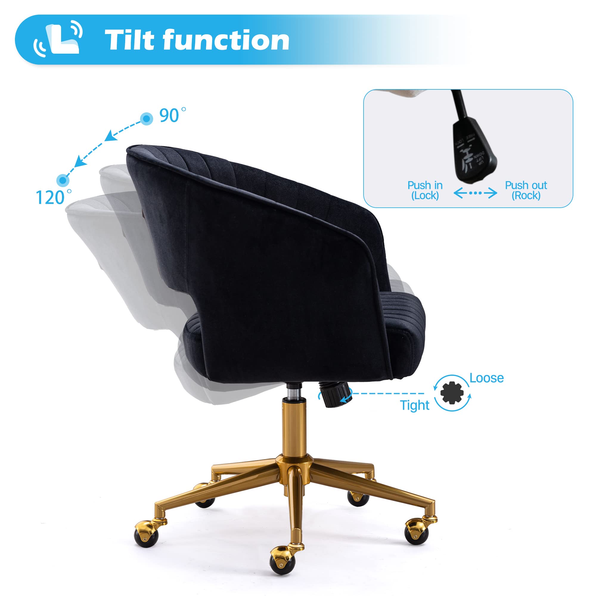 Ergonomic Velvet Swivel Office Chair with Gold Base - Modern Tufted Upholstered Desk Chair for Women, Girls Study & Computer Work - Perfect for Home Office, Living Room & Workspace (Black)