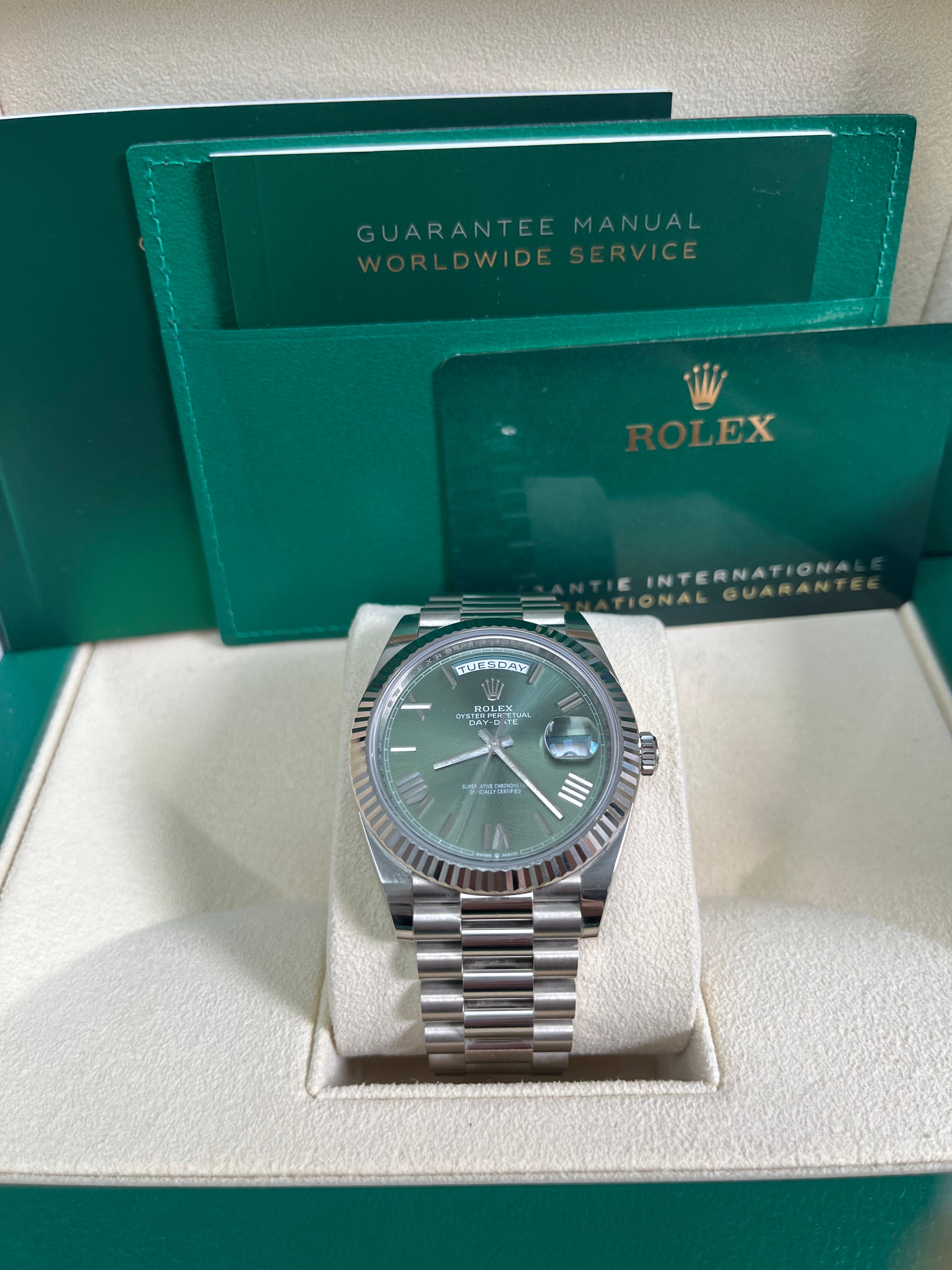 Rolex Day Date 40 White Gold Watch with Fluted Bezel & Olive Green Roman Dial - President Bracelet (Ref# 228239) | Luxury Dress Watch for Business & Formal Occasions