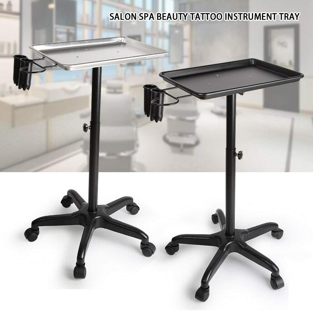 Black & Silver Aluminum Rolling Salon Tray with Wheels - Professional Beauty Spa Instrument Trolley for Tattoo, Nail & Hair Styling Stations - Perfect for Salon Organization & Mobile Service Carts
