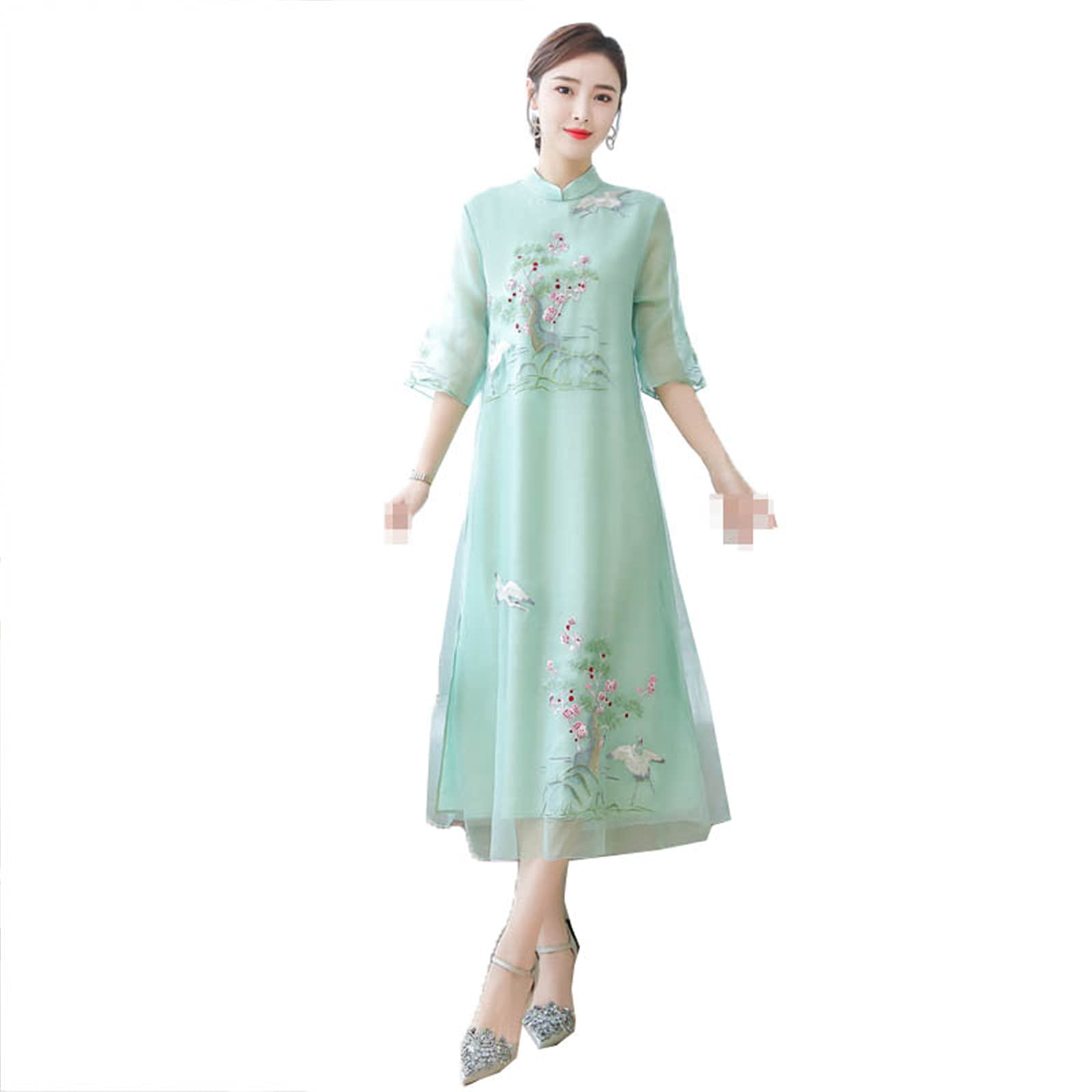 Elegant Women's Cheongsam Dress - Retro Floral Embroidery Long Qipao for Party, Wedding & Special Occasions | Chinese Traditional Female Clothing | Perfect for Festivals, Date Nights & Cultural Events