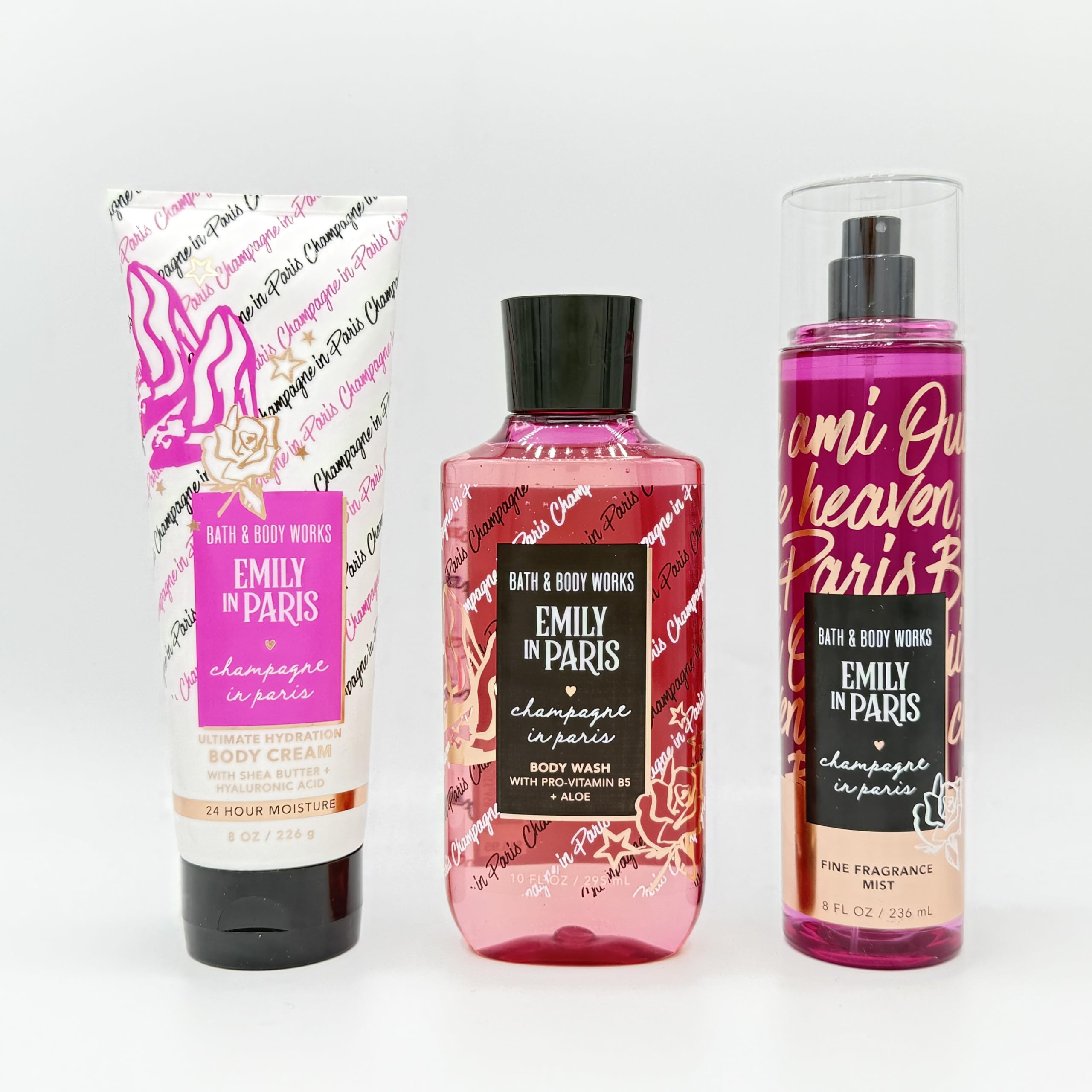 Parisian Champagne 3-Piece Emily Bath Set - Hydrating Body Cream, Luxurious Shower Gel & Perfume Mist | Spa Day Essentials & Romantic Gift Idea