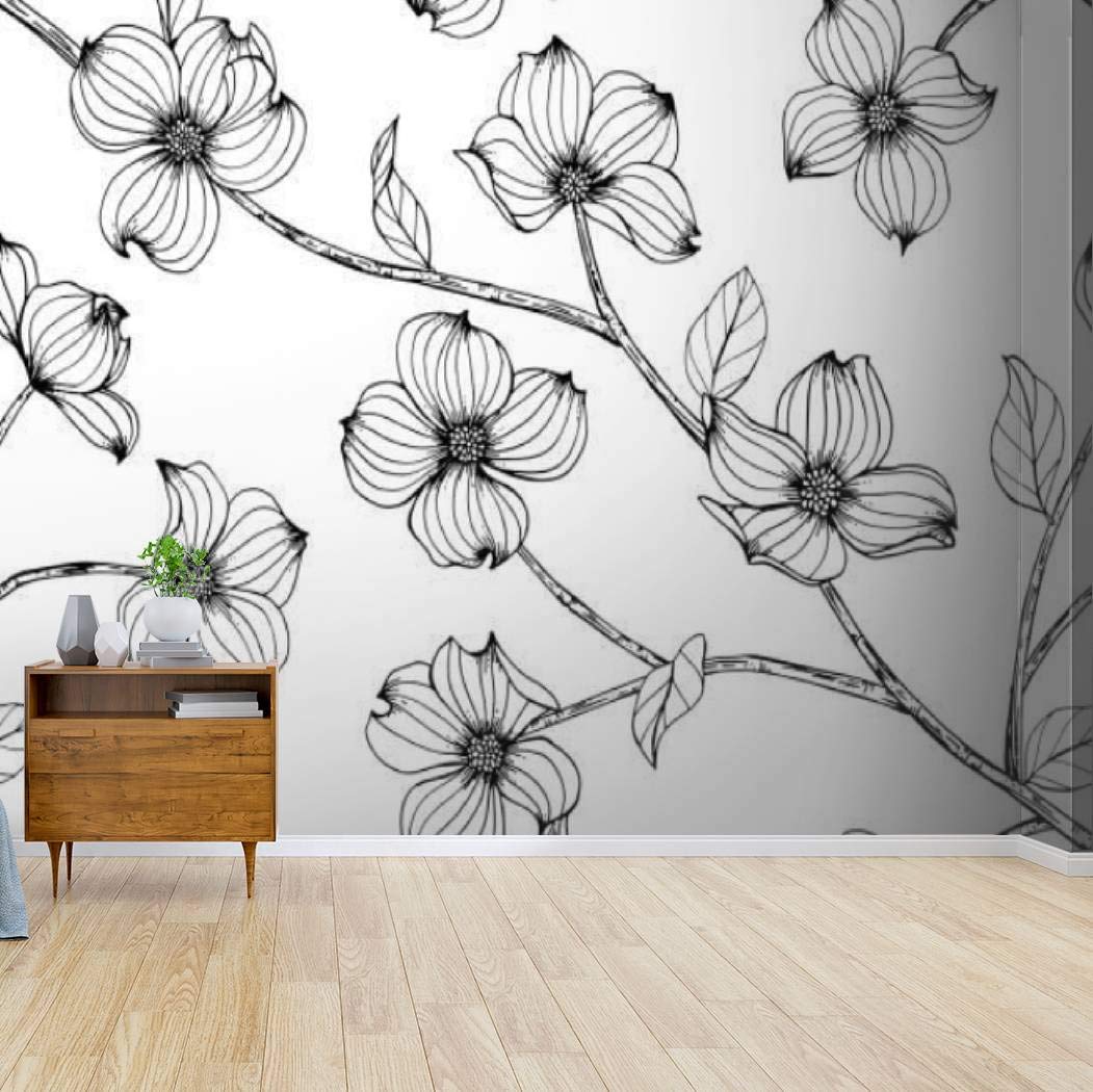 Seamless Dogwood Flower Pattern Black and White Canvas Print Wallpaper - Self-Adhesive Peel & Stick Wall Mural for Living Room, Bedroom, Home Decor | Easy DIY Wall Decal & Wall Poster Sticker