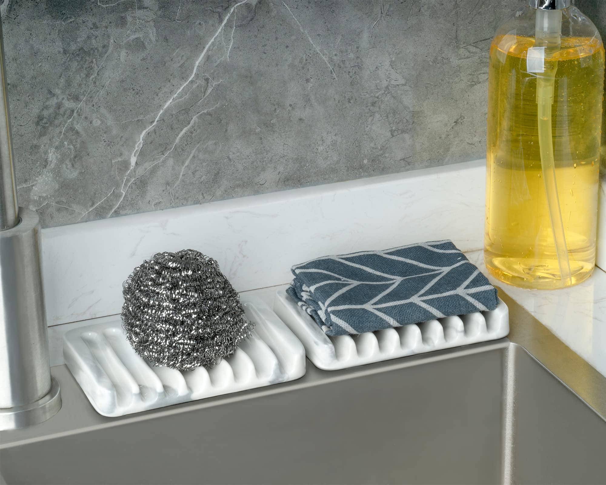 Ceramic Soap Dish for Sink - Self Draining Soap Holder for Bathroom & Kitchen - Marble Decor White Soap Saver for Shower, Bar Soap Container - Perfect for Countertop, Vanity, and Shower Organization