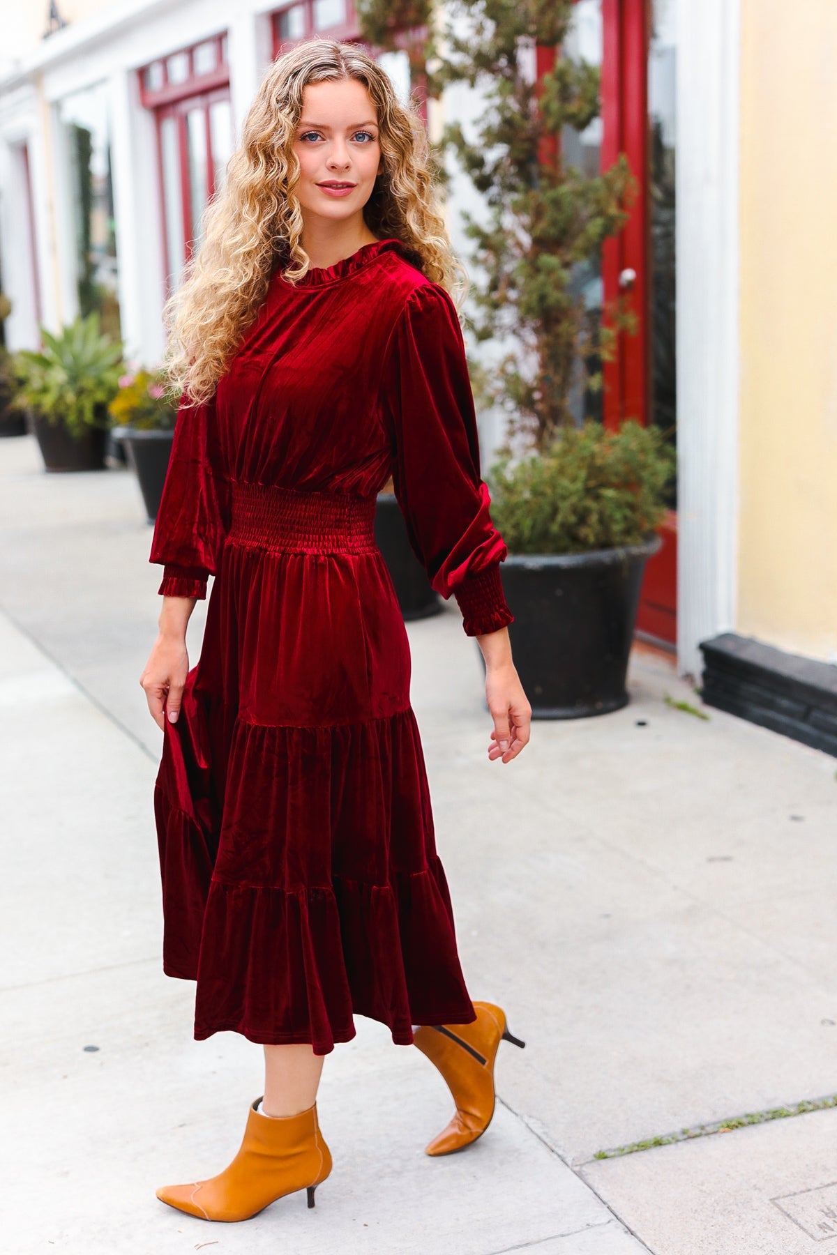Burgundy Velvet Mock Neck Smocked Waist Dress for Women - Elegant Holiday Party & Christmas Dinner Outfit
