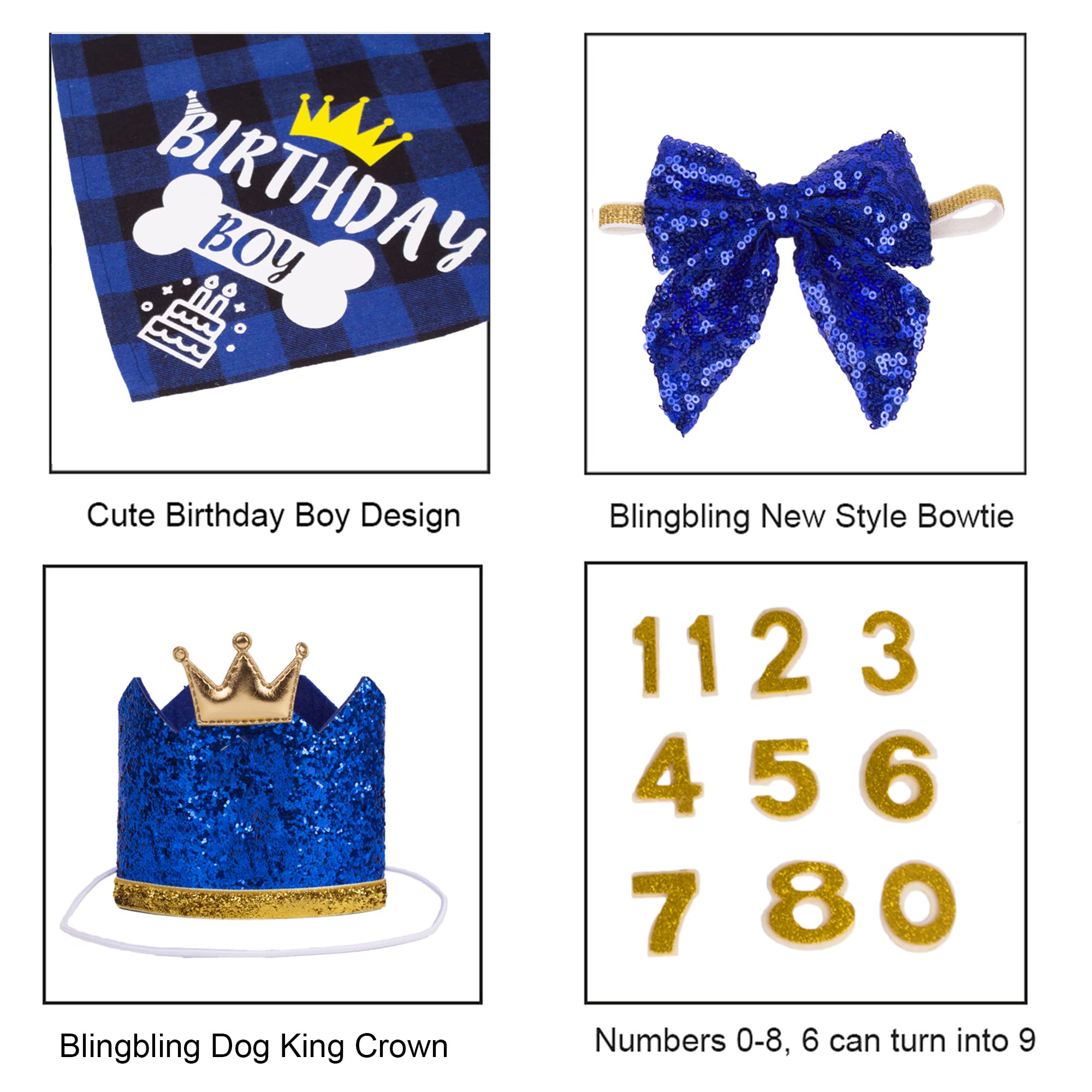 ADOGGYGO Dog Birthday Hat & Bandana Set with Numbers, Scarf Bow & Happy Birthday Banner - Navy Blue Pet Party Supplies for Birthday Celebrations & Photo Shoots