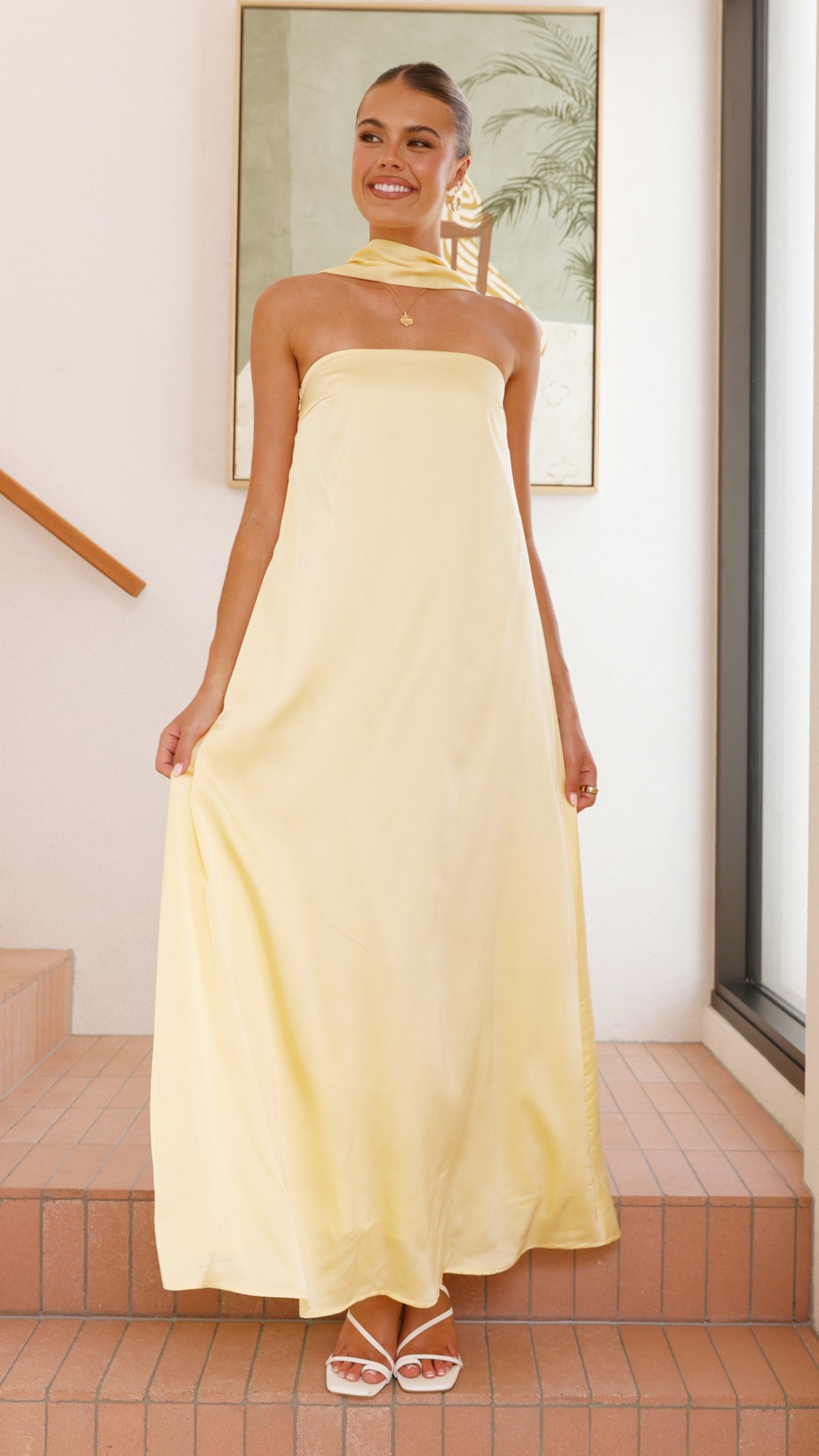 Strapless Scarf Maxi Dress in Yellow - Elegant Summer Beach Wedding Party Dress for Women