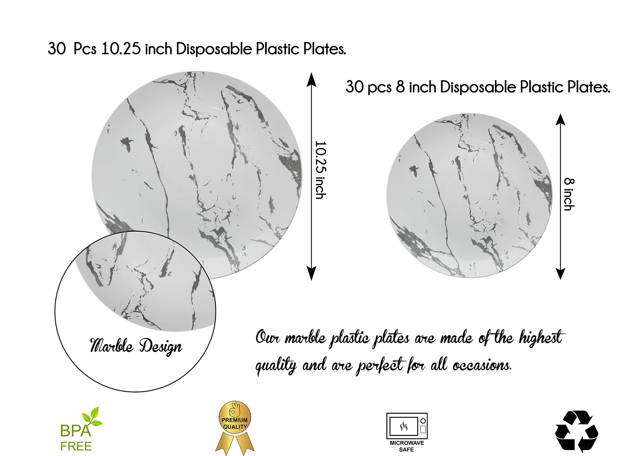 Trendables 60-Pack Disposable Dinnerware Set - Elegant Marble Design Plastic Plates (30 Large 10.25