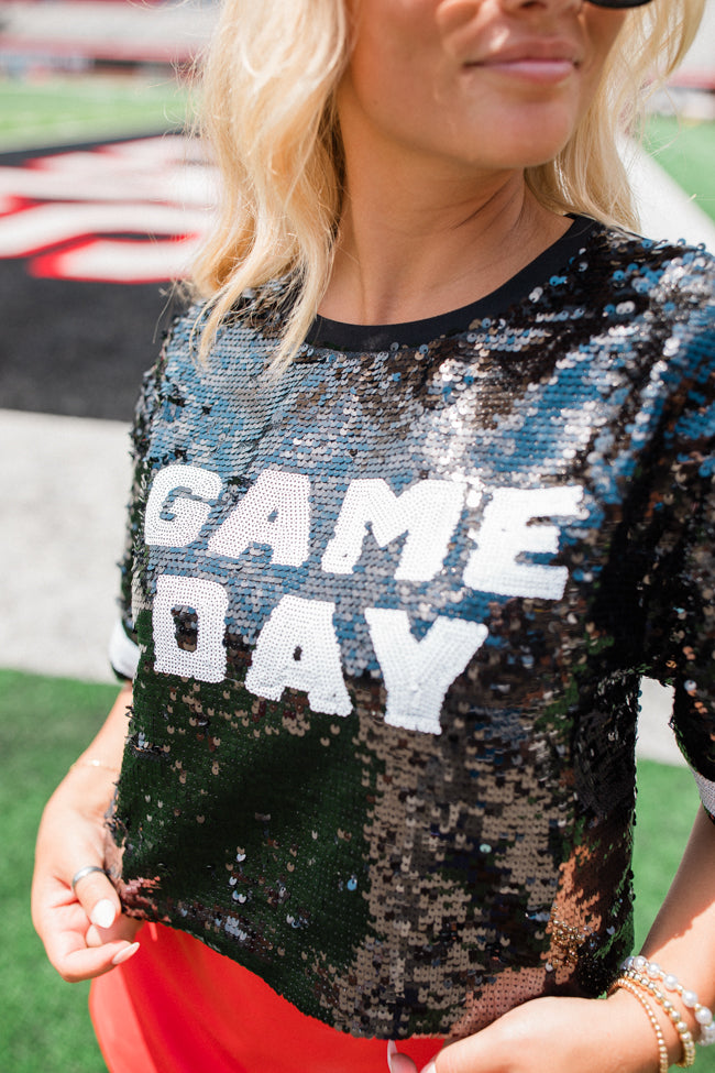 Game Day Black Sequin Top for Women - Sparkly Party Shirt for Football, Concerts & Night Out - Final Sale