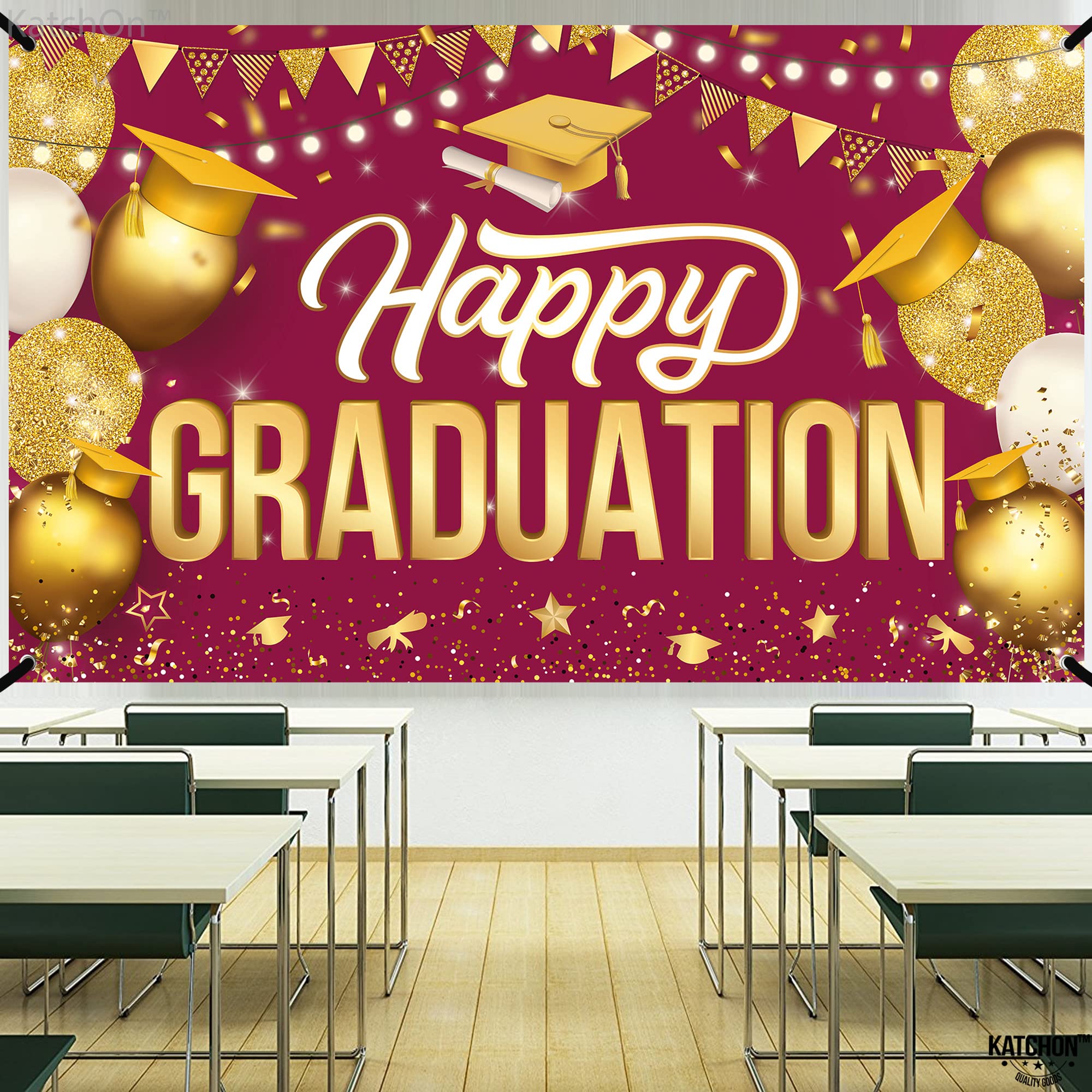 KatchOn Extra Large Happy Graduation Banner - 72x44 Inch Maroon & Gold Backdrop for Class of 2025 | 2025 Graduation Decorations, Party Supplies & Photo Booth Background | Perfect for High School, College Ceremonies & Graduation Parties