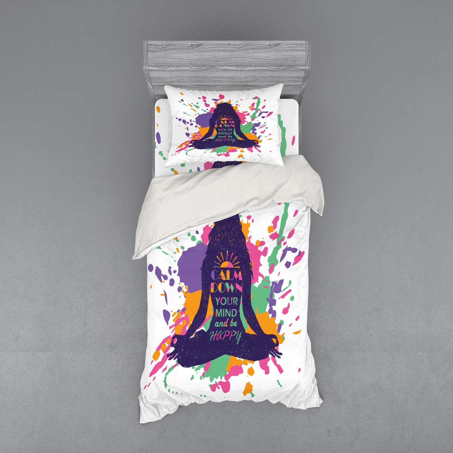 Ambesonne Modern 3-Piece Twin Size Bedding Set - Yoga Girl & Inspirational Words Design, Duvet Cover with Sham & Fitted Sheet, Multicolor | Perfect for Meditation Rooms, Yoga Retreats & Mindful Bedrooms