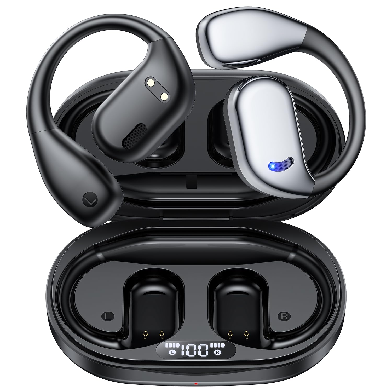 Open Ear Wireless Bluetooth Headphones - 60H Playtime, 8D Sound, LED Display, Over-Ear Sport Earbuds with Earhooks & Built-in Mic for Running, Workout, Driving, Cycling & Outdoor Activities