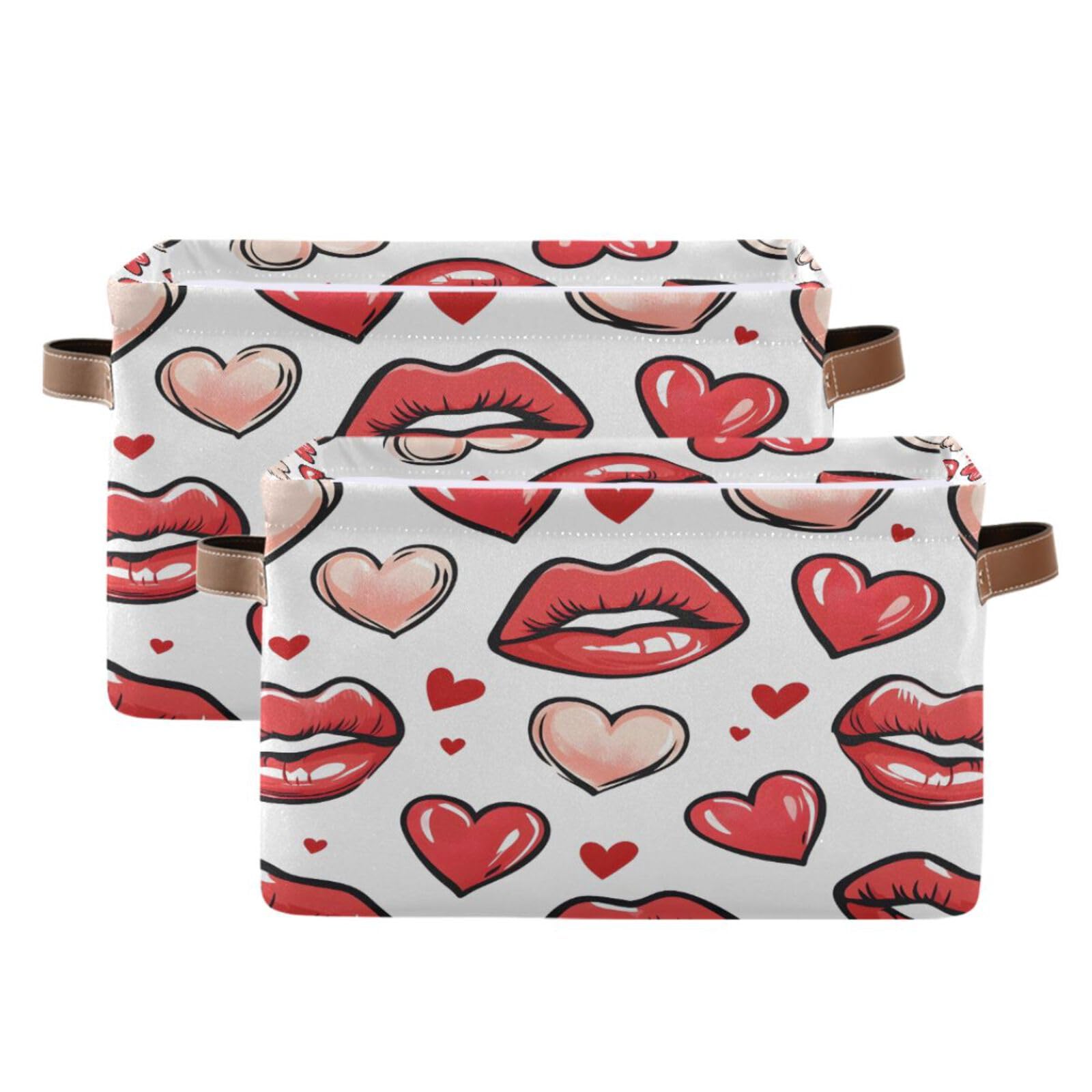 Kigai Red Lips Hearts Storage Bins for Shelves | Foldable Double Handle Storage Basket with Metal Frame | Rectangular Closet Organizer for Bedroom & Home Decor | Perfect for Clothes, Toys, and Blanket Storage