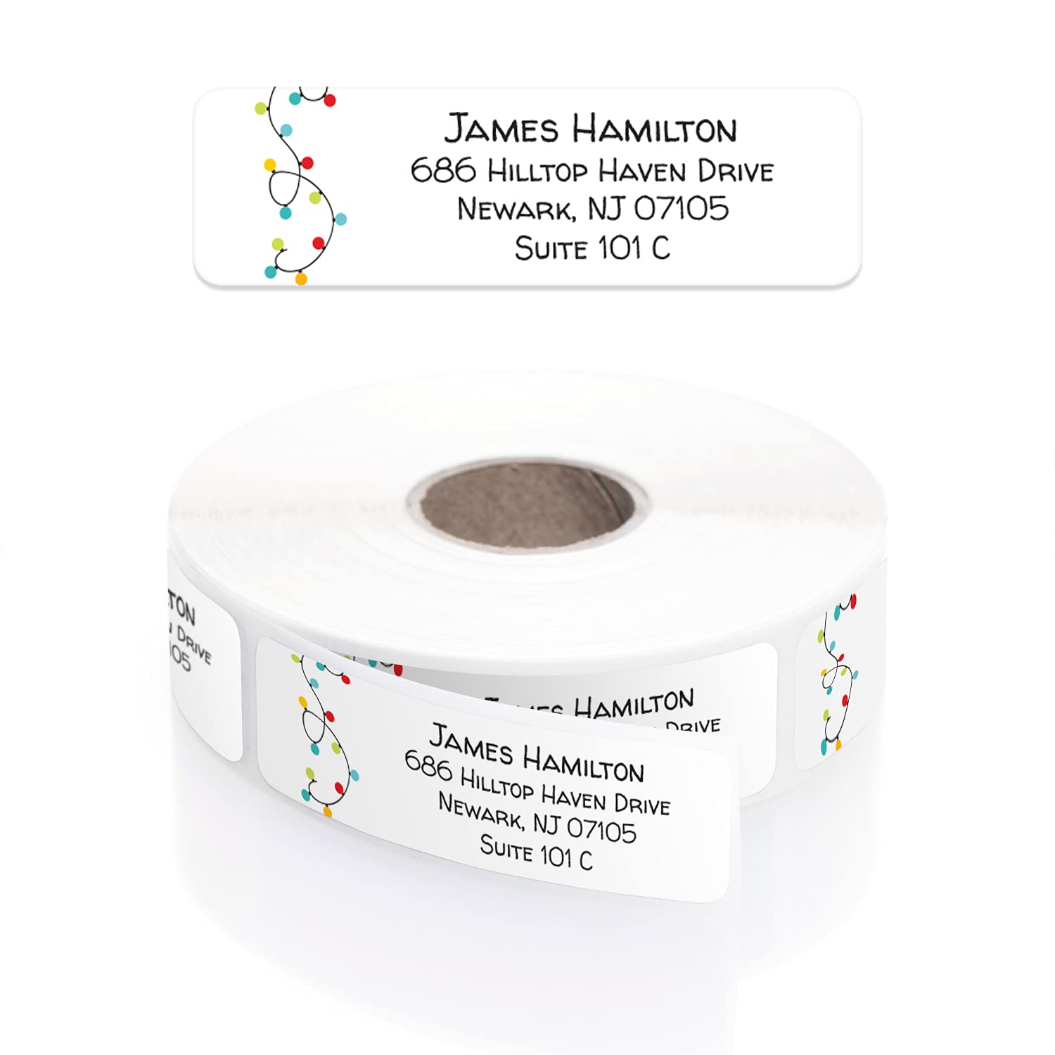 250 Christmas String Lights Rolled Address Labels - Personalized Holiday Return Address Stickers with Elegant Plastic Dispenser | Perfect for Holiday Cards, Gift Tags & Mailing Envelopes