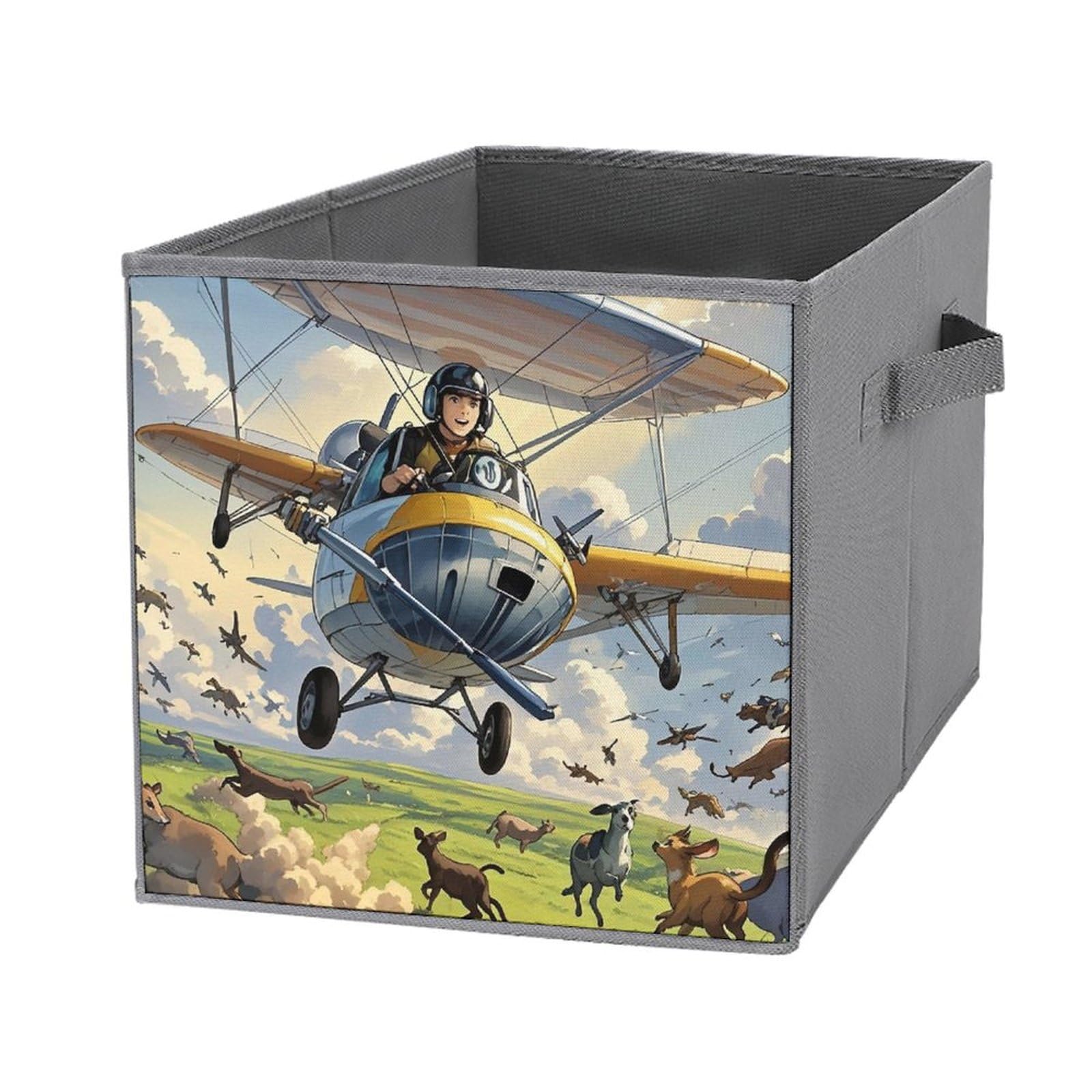 1PCS Foldable Storage Bins with Handles - Large Capacity Printed Storage Boxes (Planes Fly Animals Run Design) for Playroom, Office & Home Organization - Perfect for Kids' Toys, Books & Clutter Control