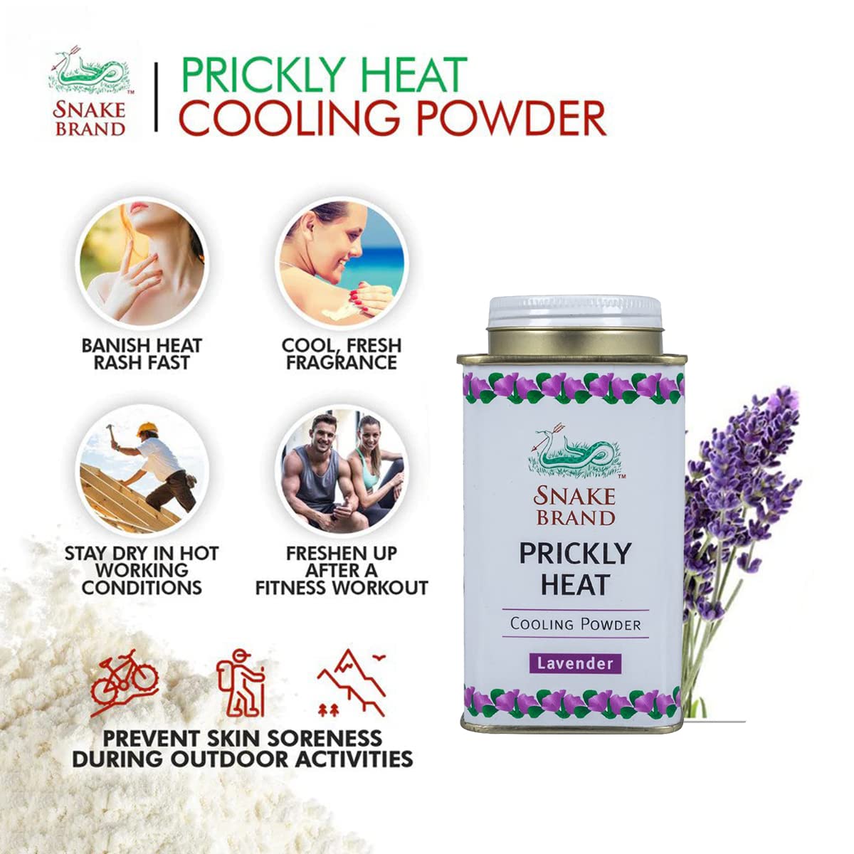 Snake Brand Prickly Heat Cooling Talcum Powder - French Lavender Scent, 50g (Pack of 4) | Heat Rash Treatment & Body Cooling Powder for Summer, Gym & Outdoor Activities | Soothing Relief for Hot Weather & Skin Irritation