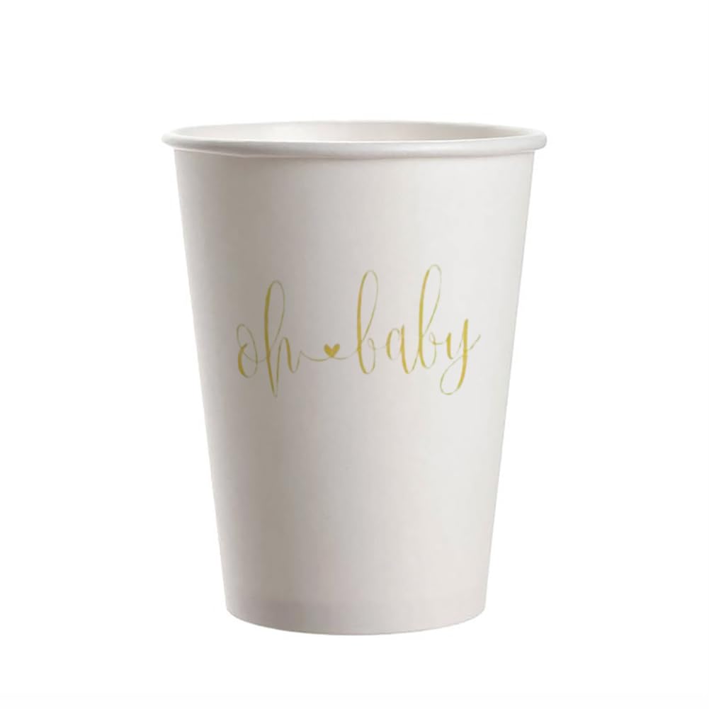 Oh Baby Disposable Paper Party Cups - 20 Pack 9oz Gold Heart Design for Baby Shower, Welcome Party & Gender Reveal - Elegant & Eco-Friendly Celebration Cups for Special Occasions