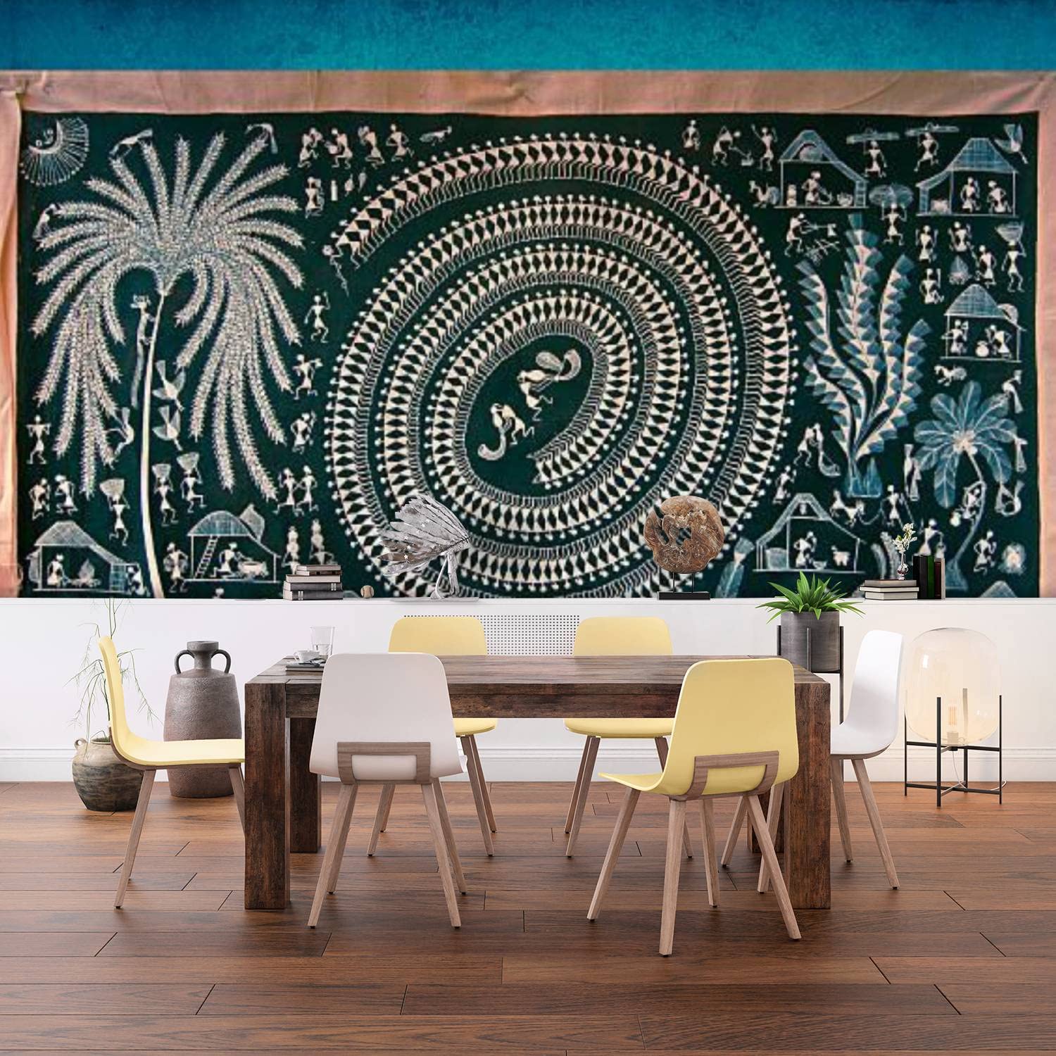 Warli Tribal Art PVC Peel and Stick Wallpaper - Removable Self-Adhesive Wall Mural for Living Room & Bedroom Decor | Primitive Painting Design | Easy DIY Home Wall Sticker for Renters & Homeowners