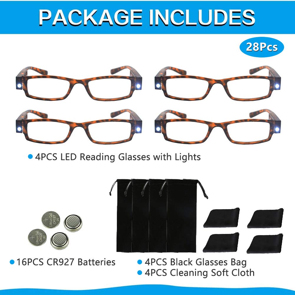LED Reading Glasses with Light - Magnifying Readers Eyewear for Night Reading, Crafts & Low Light Conditions - Adjustable Light Brightness & Comfort Fit