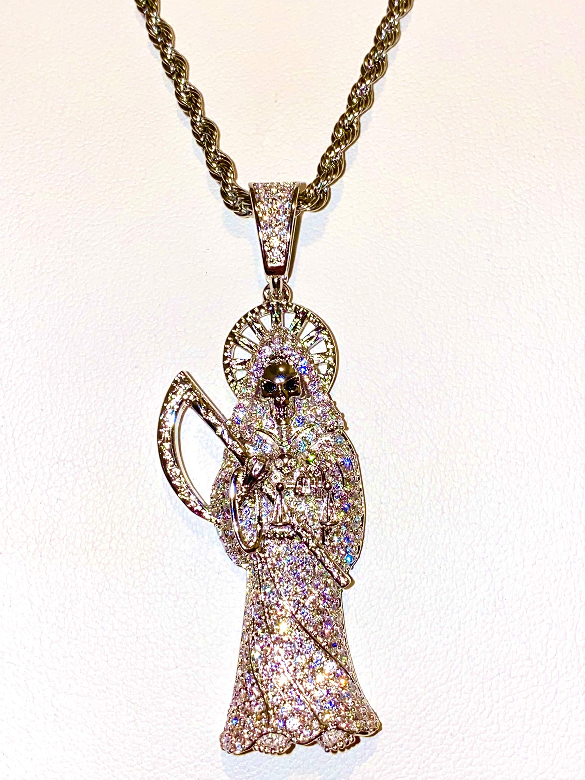 925 Sterling Silver Iced Santa Muerte Pendant Necklace for Men & Women - Italian Finish Stainless Steel Chain with 2mm Rope Design | Gothic Jewelry, Hip Hop Accessory, Biker Style, Day of the Dead Fashion