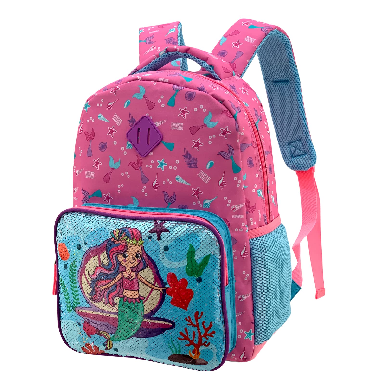 **HAPPYSUNNY Reversible Mermaid Backpack for Girls 4-6 Years, 15 Inch Kids Bookbag with Sequins & Adjustable Chest Strap – Perfect for Preschool, Kindergarten & School**