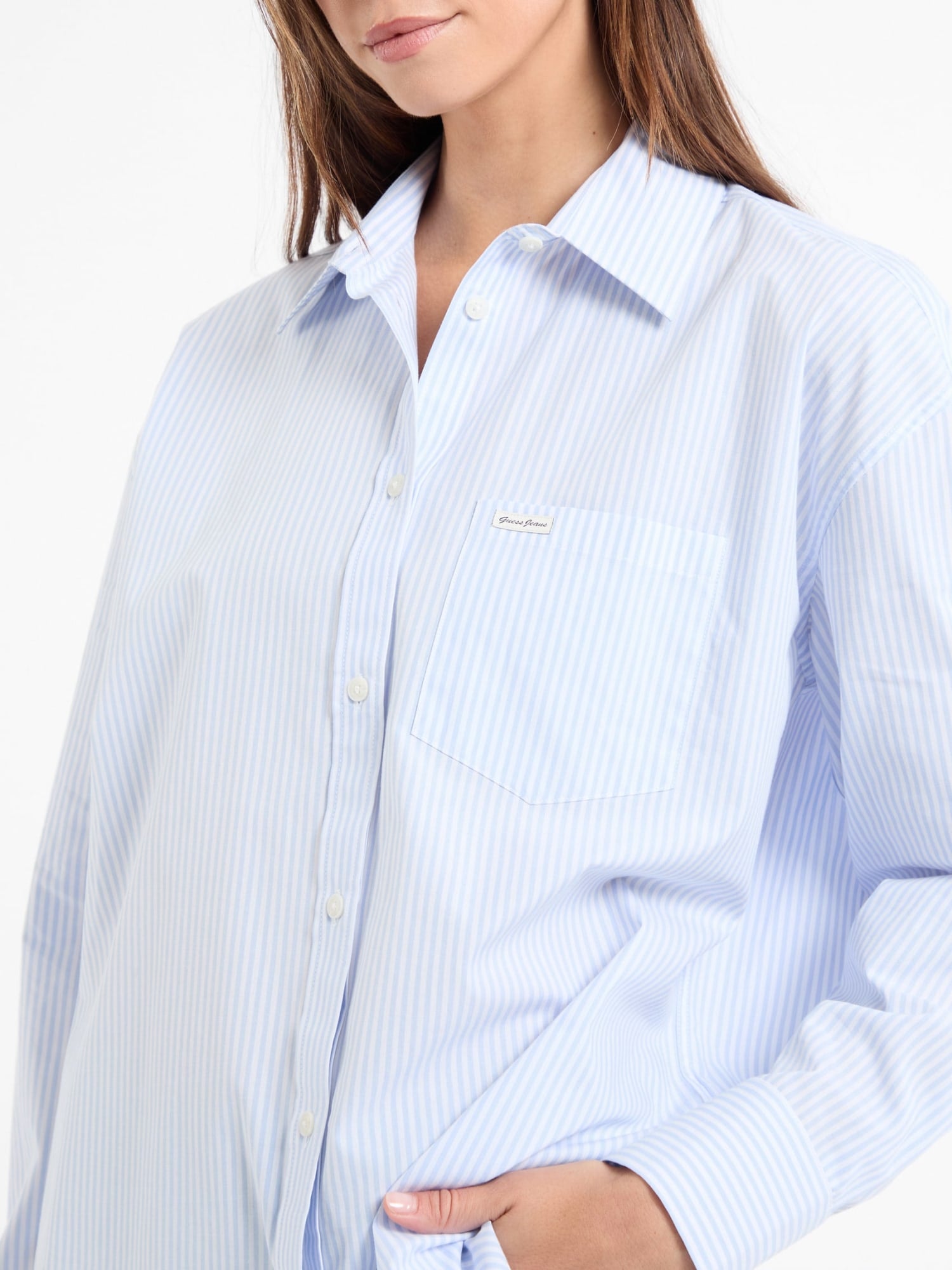Guess Women's Blue Denim Oversized Shirt - Casual Button Down Top for Streetwear & Layered Outfits