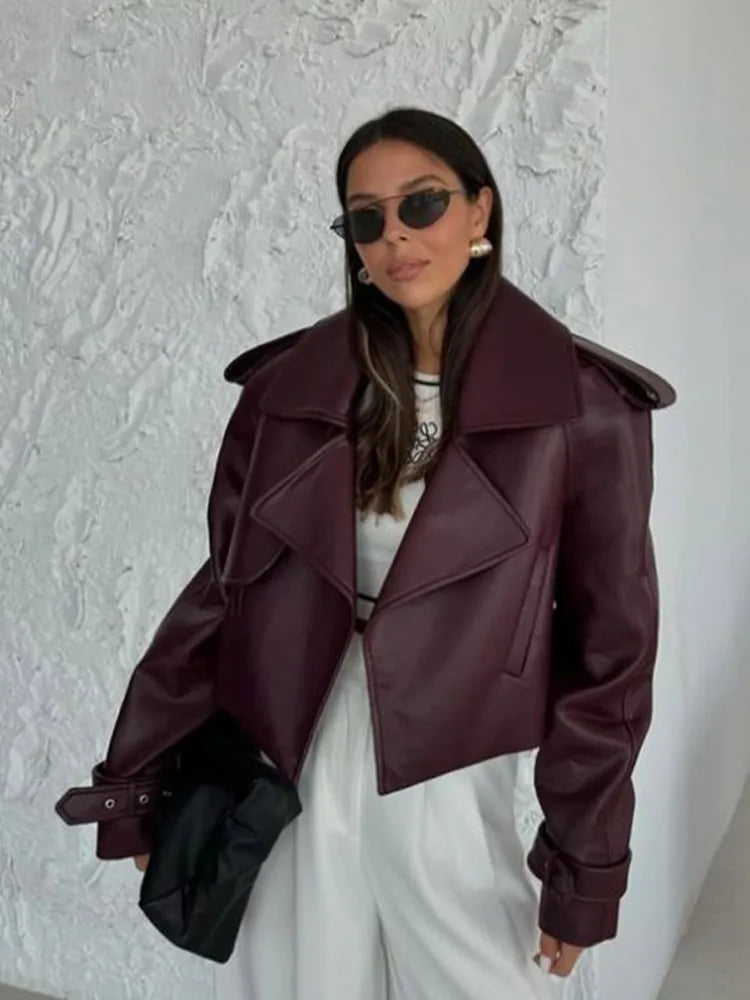 Stylish Women's Burgundy Leather Jacket with Lapel - Casual Loose Fit Long Sleeve Coat with Pockets | Autumn & Winter Outerwear for Street Fashion, Date Nights & Office Wear