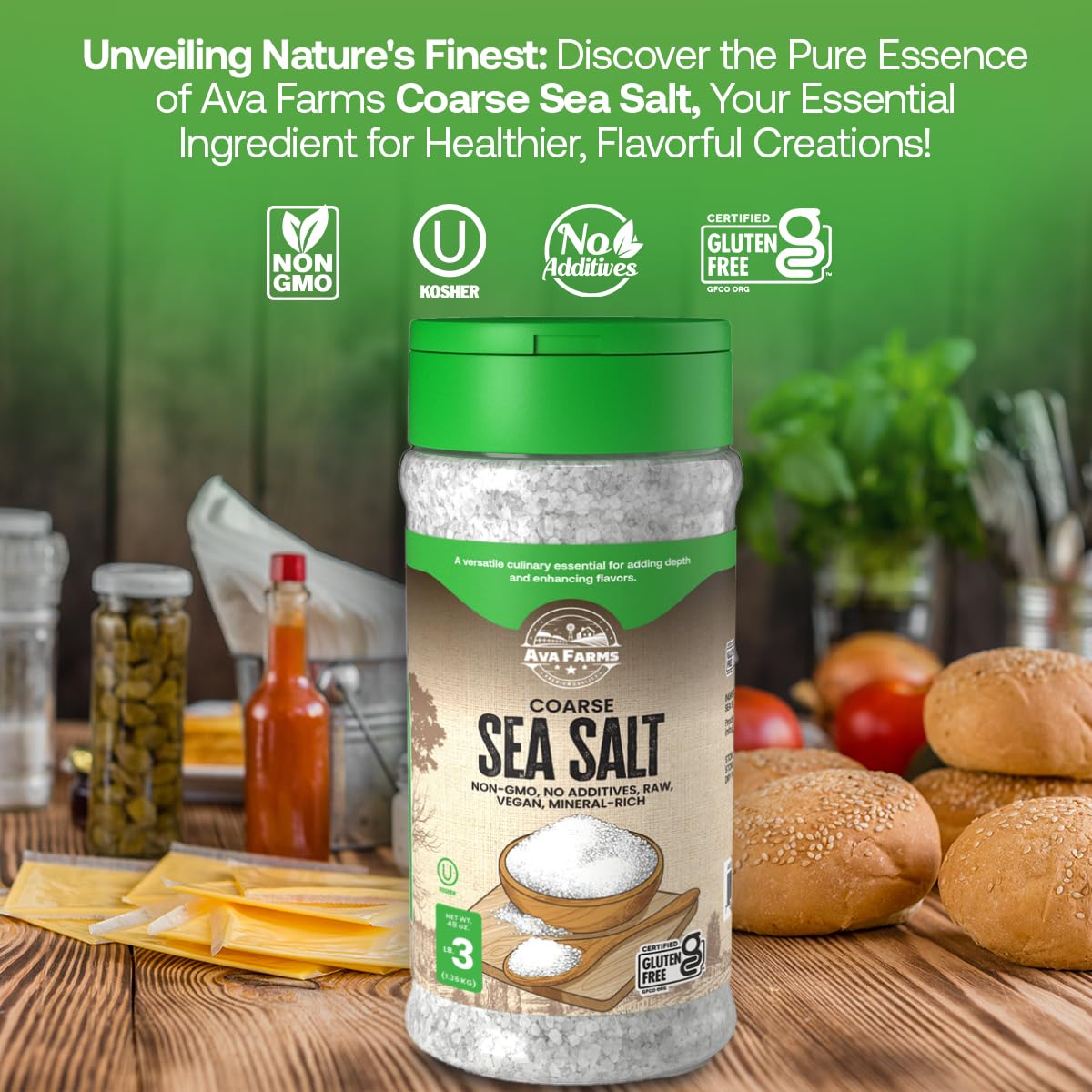 Ava Farms Coarse Sea Salt - 16 oz. Bottle (Pack of 2) | Gluten-Free, Non-GMO, Vegan, Raw, Kosher & Mineral Rich | Perfect for Cooking, Baking & Seasoning