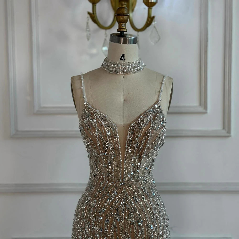Elegant White Beaded Mermaid Evening Gown with Spaghetti Straps - LA72047D for Prom, Wedding, and Formal Events