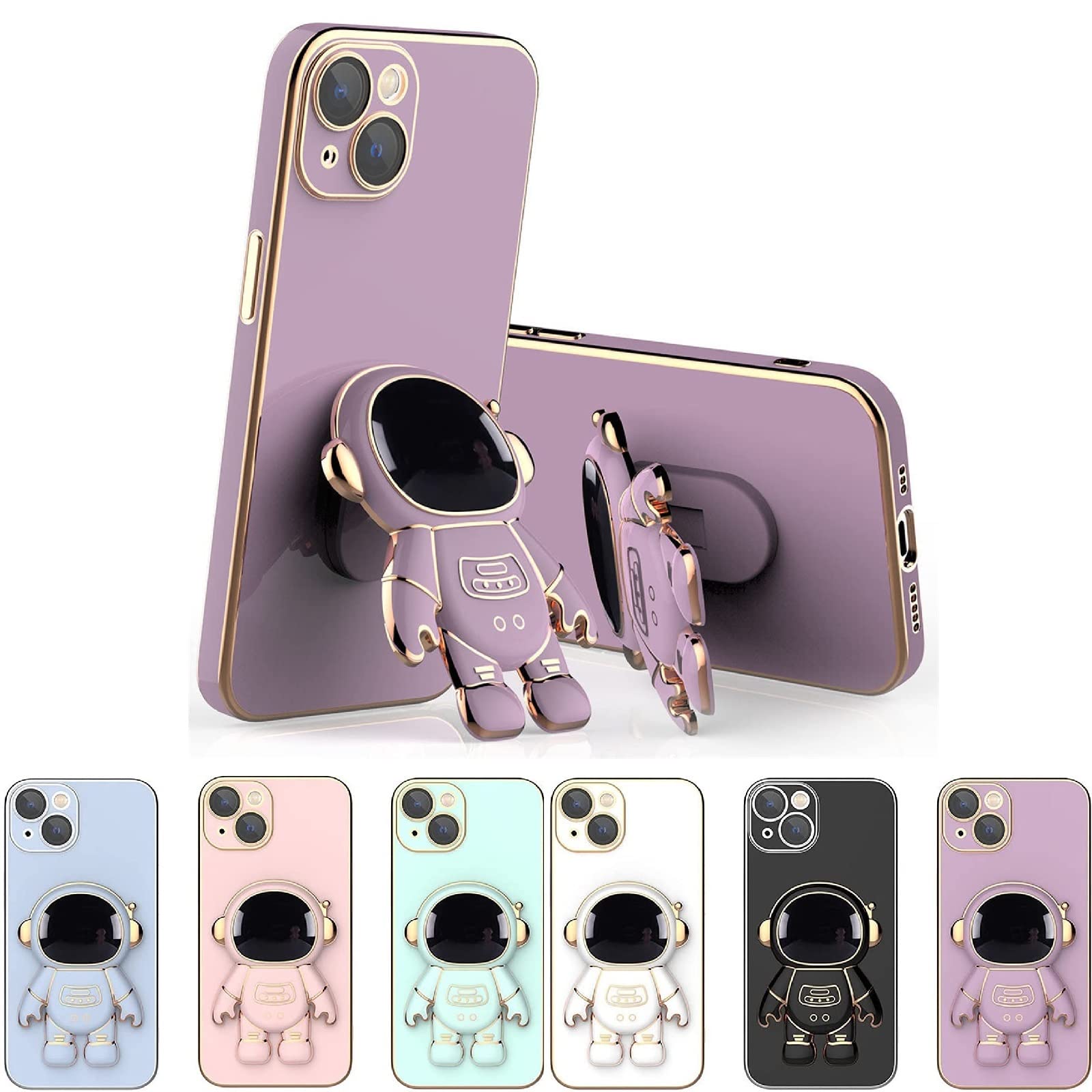 6D Plating Astronaut Hidden Stand Phone Case for iPhone 12/13/14/15 Pro Max - Anti-Scratch Camera Protector & Foldable Kickstand - Durable Shockproof Cover for Space Lovers (Gaming/Work/Travel)
