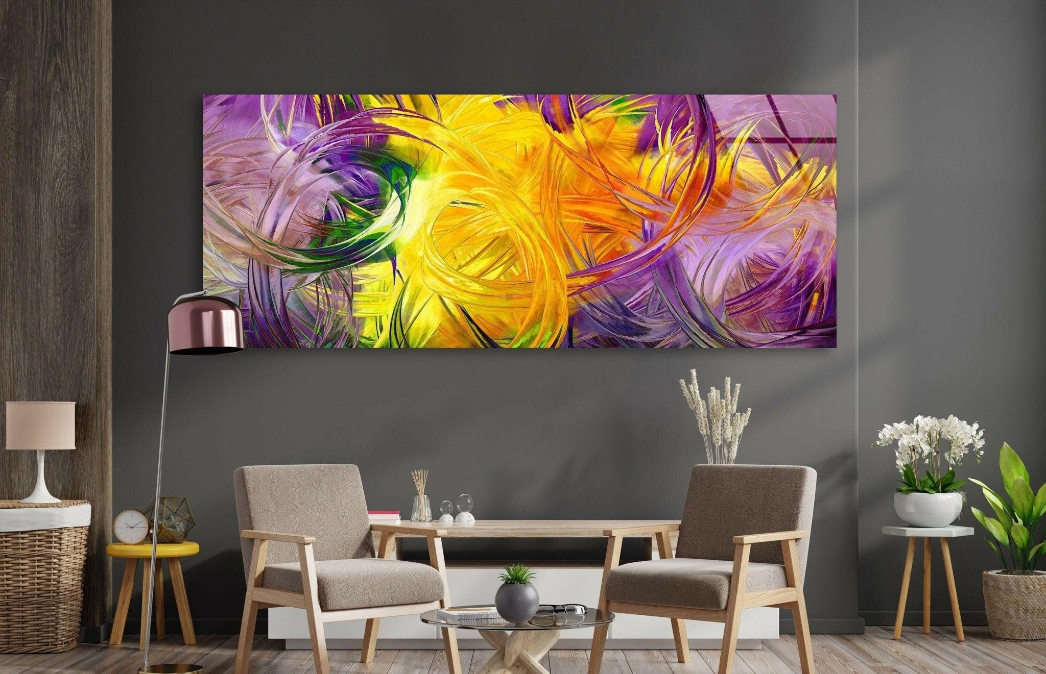 Abstract Art Yellow Fractal Glass Wall Decor - Modern Geometric Artwork for Living Room, Bedroom & Office Decor
