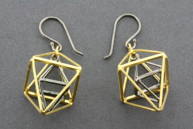 2 x Double Pyramid Earrings - Gold Plated & Oxidized Hoop Earrings for Women, Trendy Boho Chic Jewelry for Parties & Everyday Wear