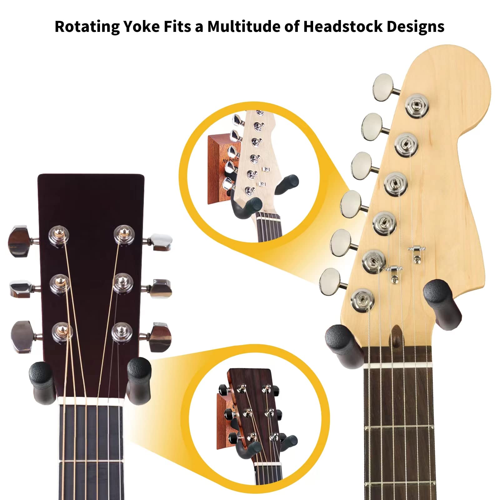 3 Pack Wooden Guitar Wall Mount Hangers - Heavy Duty Hooks for Acoustic, Electric, Bass, Ukulele, Banjo, Mandolin - Perfect for Home, Studio & Music Room Organization