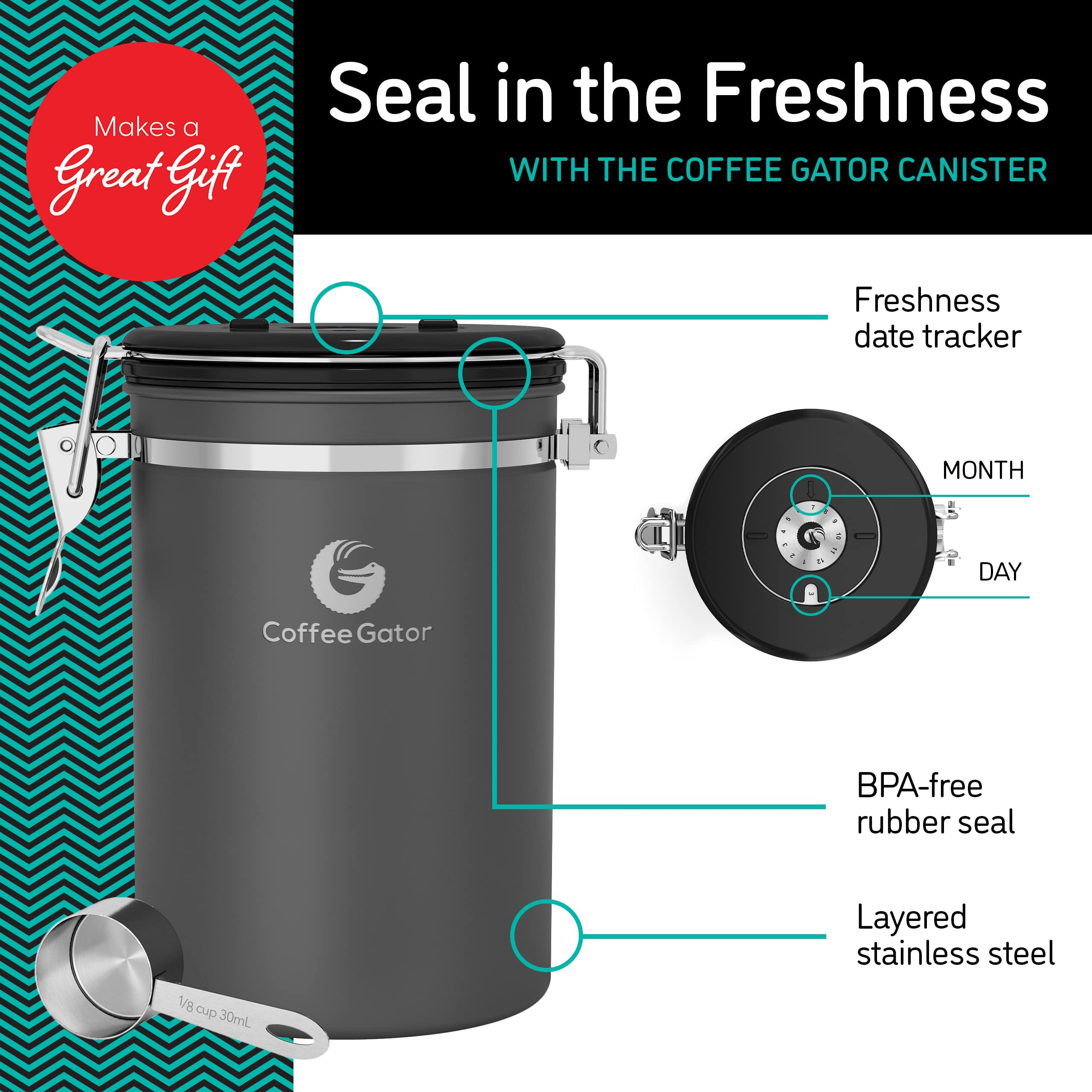 Premium Coffee Gator Airtight Coffee Canister – 22oz Large Ground Coffee Storage Container with Magnetic Scoop (Gray) – Ideal for Kitchen, Office & Camping Freshness