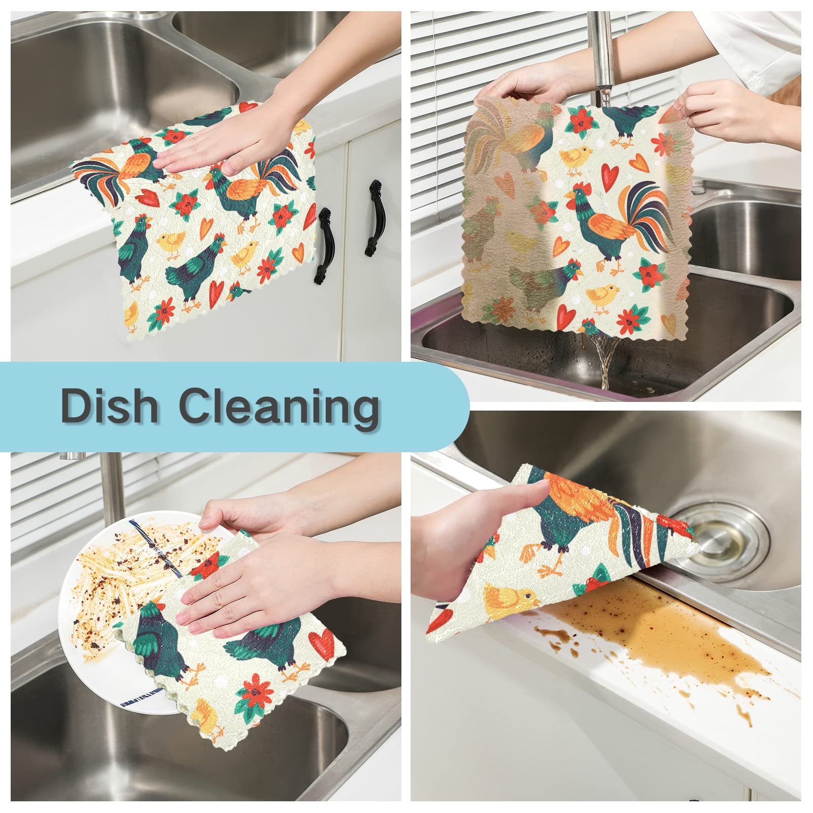SUABO 6-Pack Chicken Kitchen Towels - Reusable Dish Cloths for Cooking & Cleaning