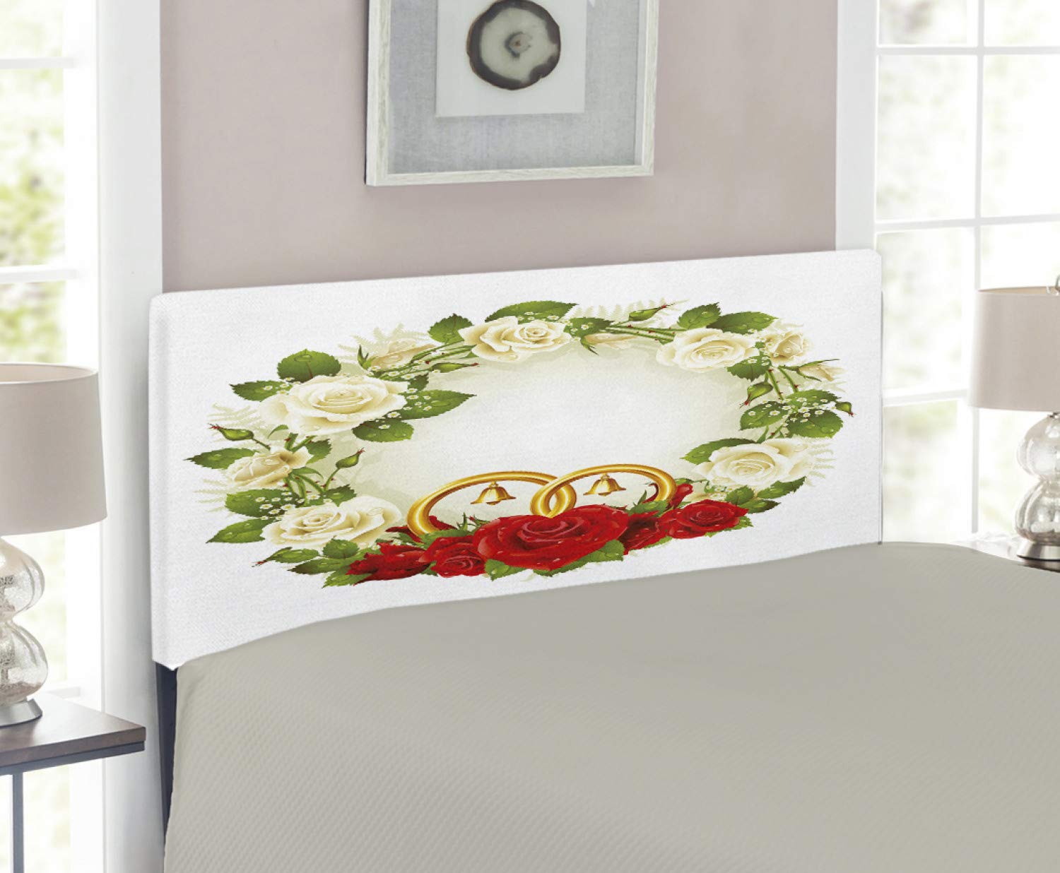 Ambesonne Upholstered Wedding Headboard with White & Red Roses - Decorative Metal Bed Frame with Memory Foam for Twin Size Beds | Romantic Bedroom Decor for Couples, Bridal Suite & Anniversary Gifts (White, Green, Red)