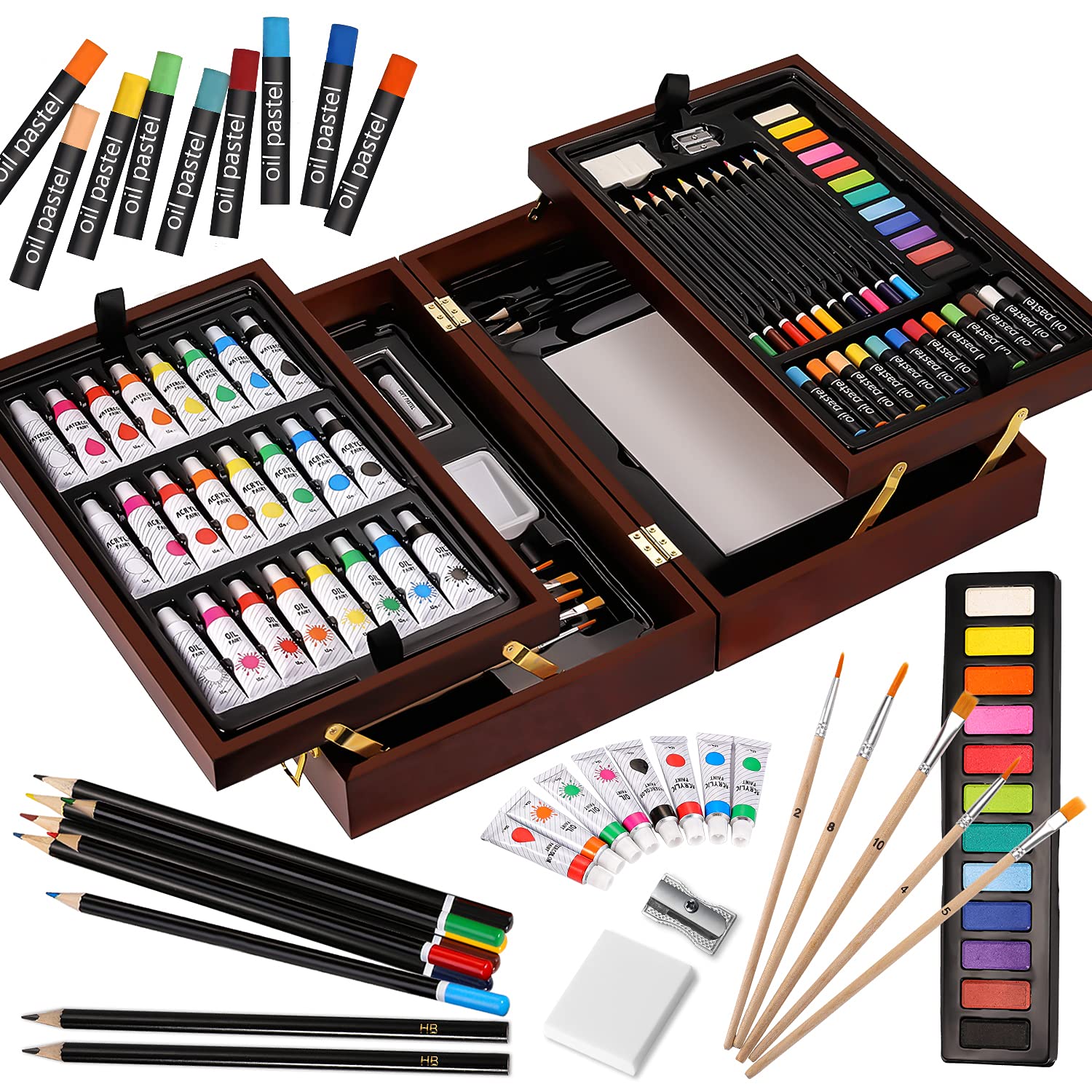 Vigorfun 150-Piece Deluxe Art Set in Wooden Case - Professional Soft Pastels, Oil Pastels, Acrylic & Watercolor Paints, Sketching Pencils, Charcoal & Colored Pencils - Perfect for Artists, Students & DIY Craft Projects