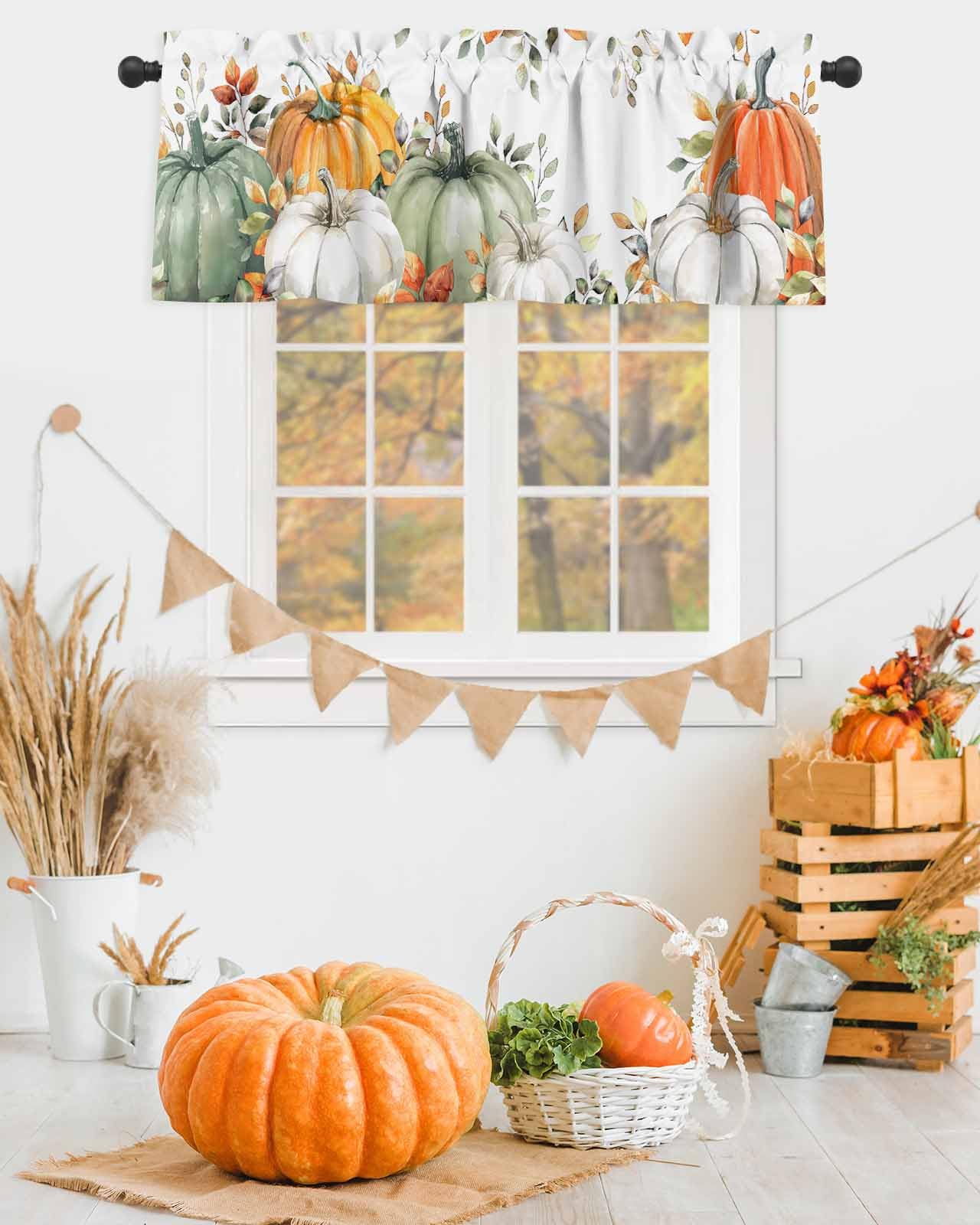 Fall Window Valance - Thanksgiving Curtain Valance in Green & Orange with Pumpkin & Eucalyptus Leaf Design - 54x18 Inch Autumn Window Treatment for Kitchen, Living Room, Bedroom - Perfect for Holiday Decor & Seasonal Home Styling