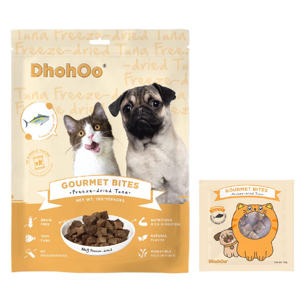 DhohOo Freeze Dried Tuna Pet Treats - 100% Natural Grain Free & Gluten Free Dog & Cat Snacks - High Protein & Fiber Training Rewards for Puppies & Kittens (3.5oz, 10-Pack) - Perfect for Training, Travel & Daily Bonding