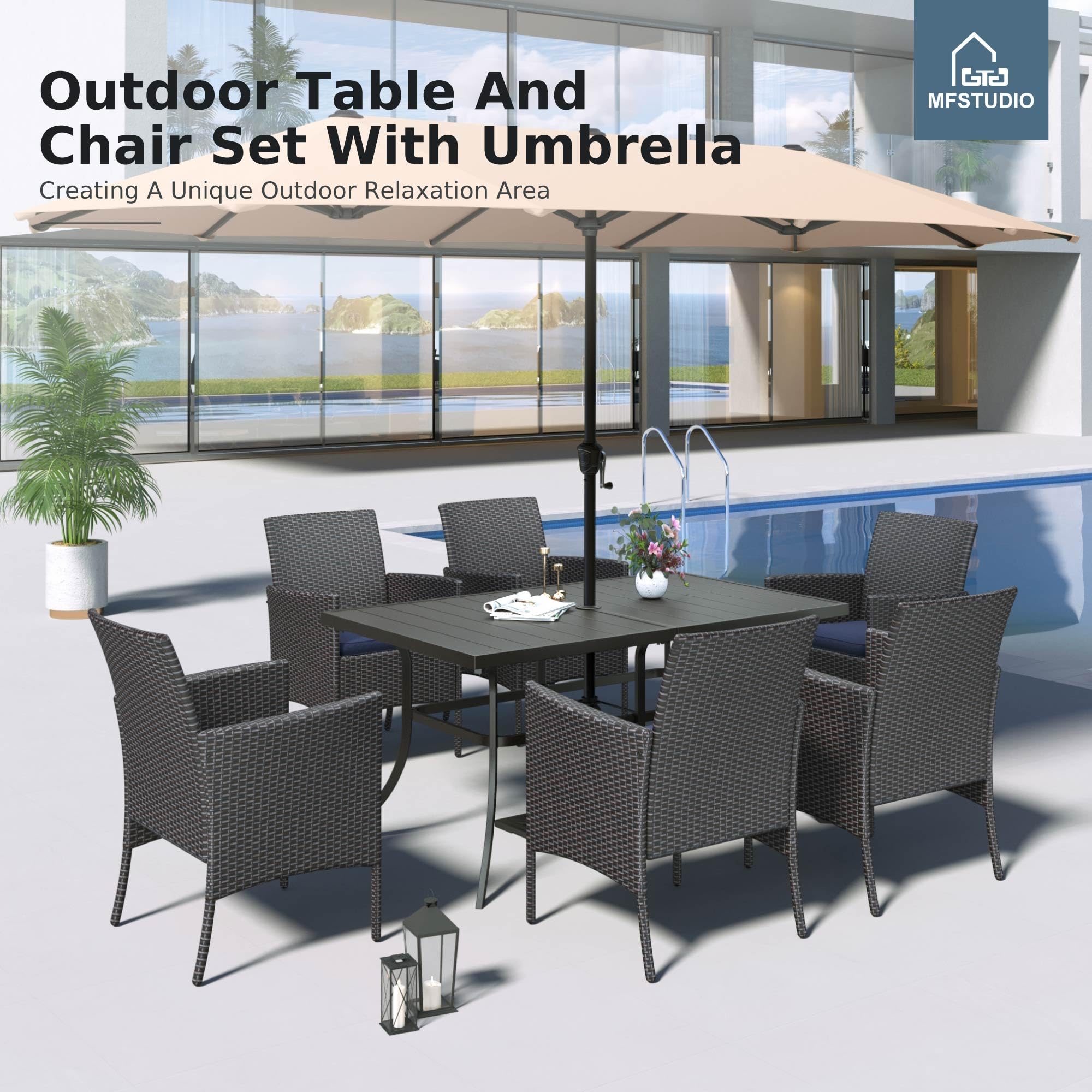 MFSTUDIO 8-Piece Rattan Dining Set with Umbrella for Outdoor Patio - Perfect for Garden Parties & BBQs