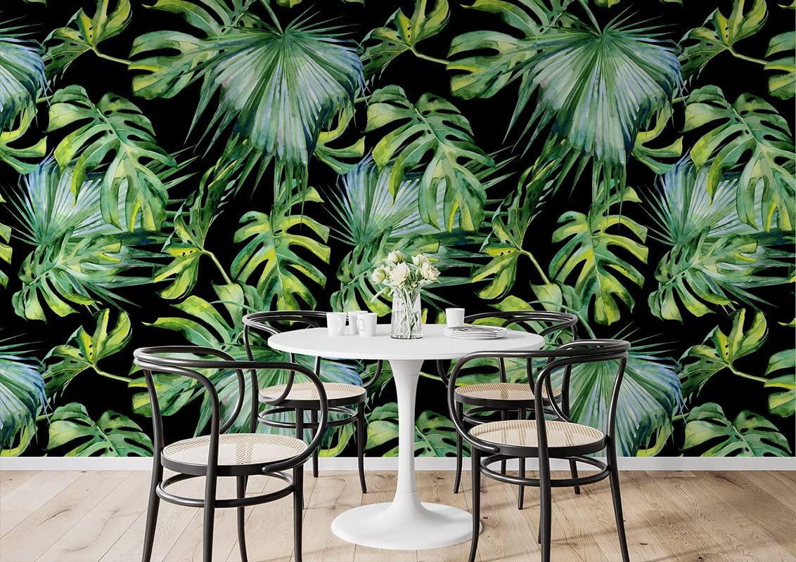 Royal Black & Green Palm Leaves Peel & Stick Wallpaper for Home Decor