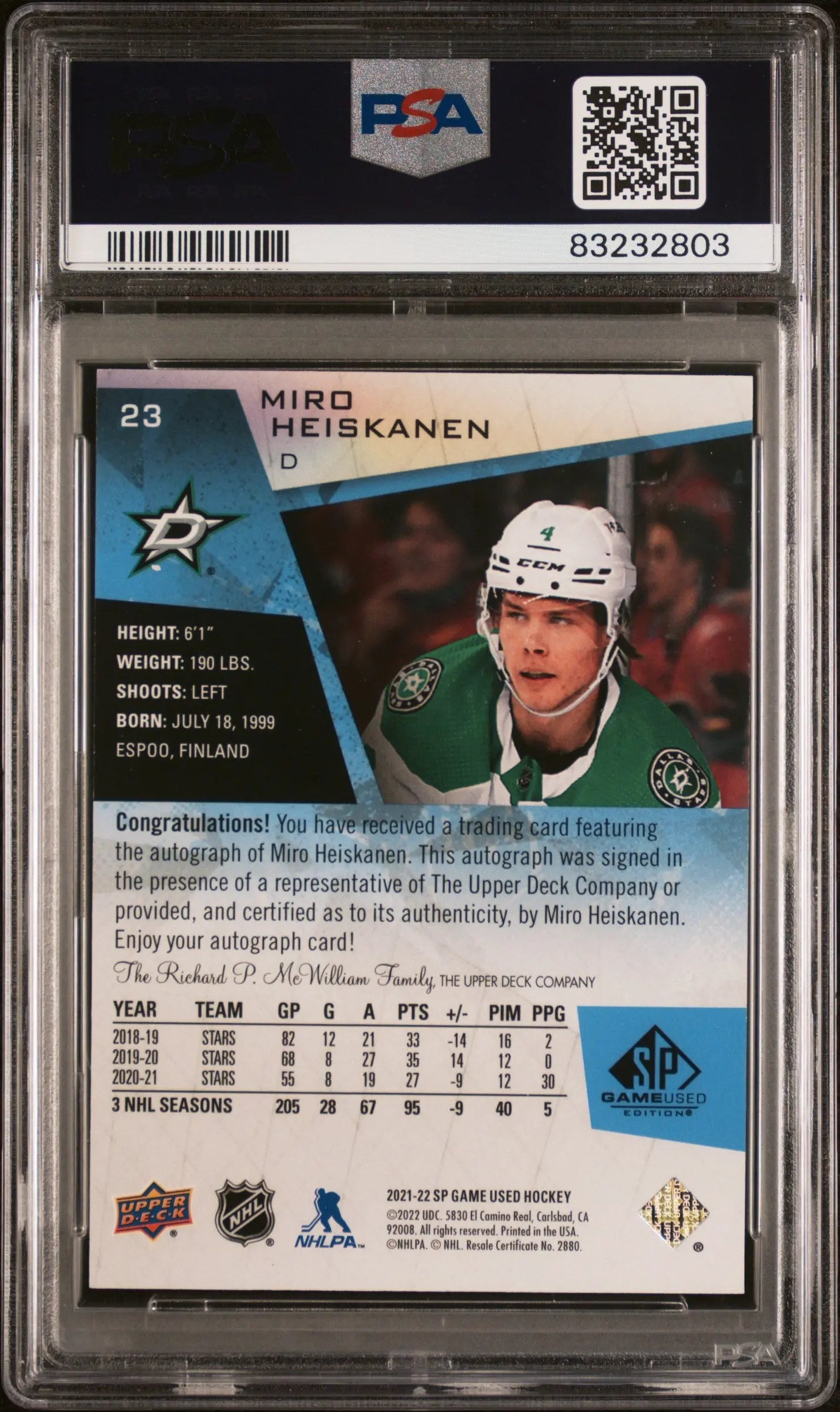 2021-22 SP Game Used Hockey Miro Heiskanen Blue Autograph Card PSA 9 #23 - Dallas Stars Collectible for Sports Memorabilia Display & Trading Card Collection