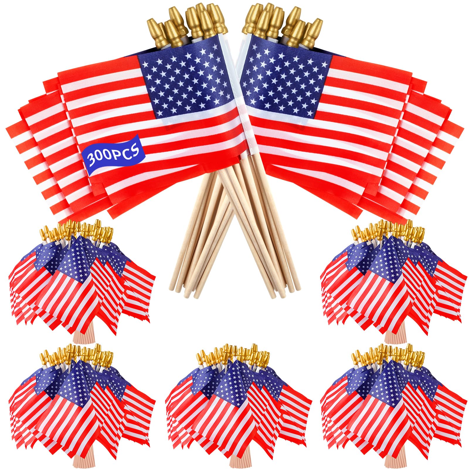 300pcs Small American Flags on Stick - 8 x 5.5 Inch Handheld Mini US Flags with Kid-Safe Golden Spear Top | Perfect for 4th of July Decorations, Independence Day Parties, Parades, and Outdoor Celebrations