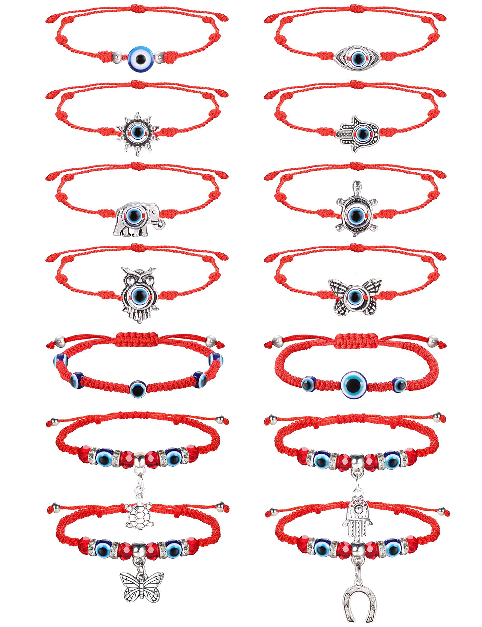 JOERICA 14 Pcs Evil Eye Protection Bracelets for Women & Men - Adjustable 7 Knot Hamsa Hand Bracelet Set in Red, Black, Blue - Lucky Charm Mexican String Bracelets for Good Fortune, Spiritual Protection & Boho Fashion Accessories