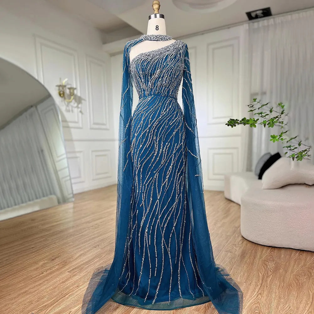Elegant Black Mermaid Evening Gown with Cape Sleeves & Beaded Details - Luxury Women's Formal Dress for Arabic Parties, Prom, Gala & Special Occasions - Serene Hill Collection LA72112