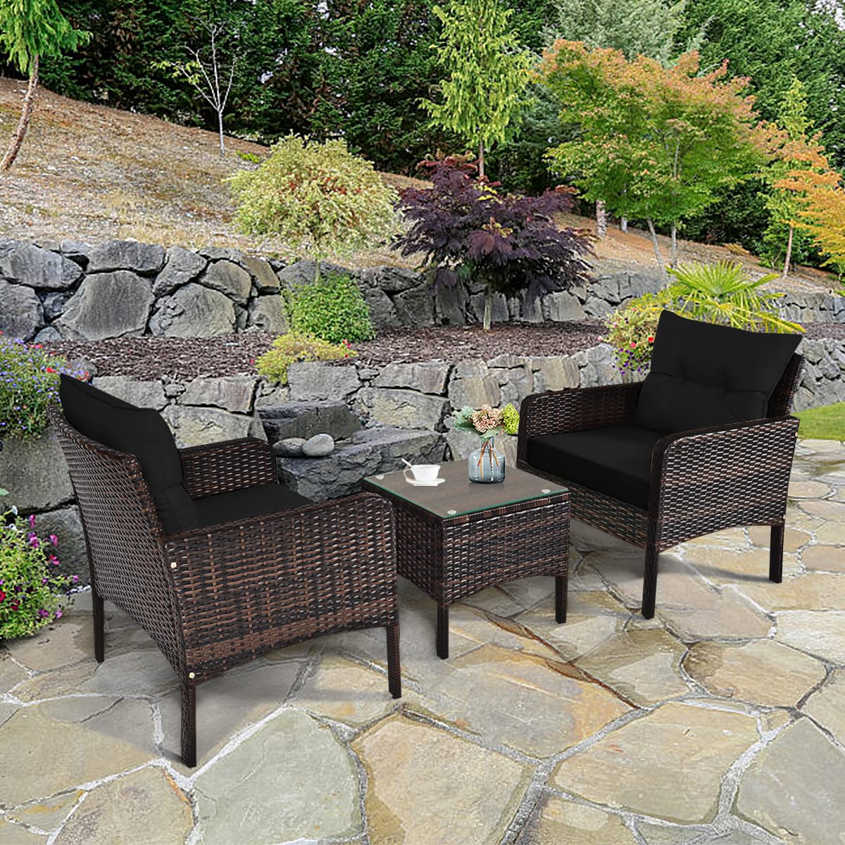 HappyGrill 3-Piece Patio Conversation Set - Outdoor Rattan Wicker Furniture with Coffee Table & Chairs - Perfect for Garden, Balcony, Backyard & Poolside Relaxation