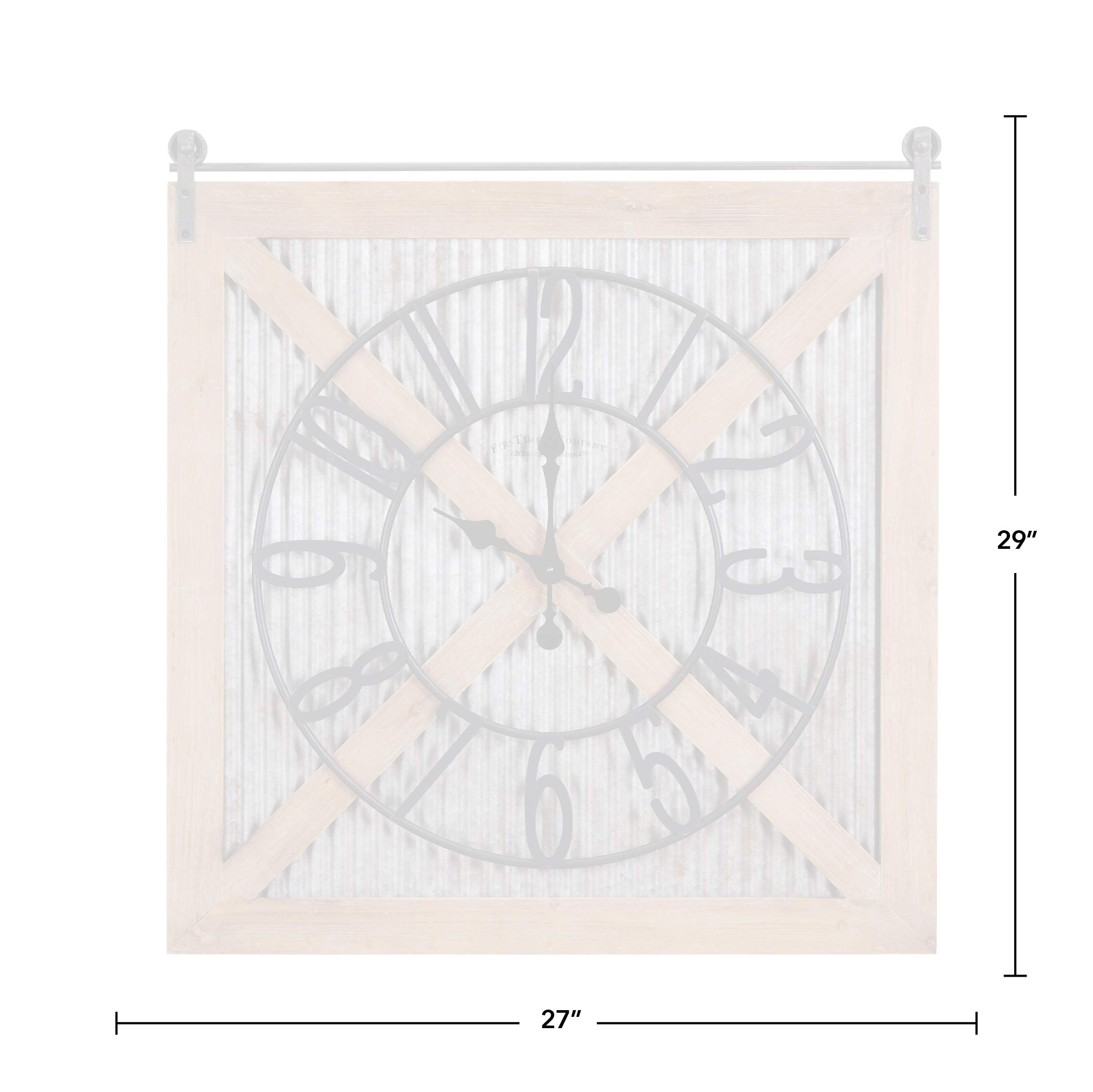 FirsTime & Co. Brown and Silver Fieldhaven Barn Door Wall Clock - 29 x 27 Inch Square Farmhouse Decor for Home Office, Kitchen, Living Room, Bedroom - Rustic Wood and Metal Wall Clock Perfect for Country Style Homes and Cozy Spaces