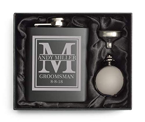 Personalized Engraved Matte Black Flask with Funnel & Pocket Watch - Custom Initial Deluxe Gift Box for Men, Whiskey Lovers, Anniversary & Birthday Presents - Perfect for Outdoor Adventures, Camping & Special Occasions