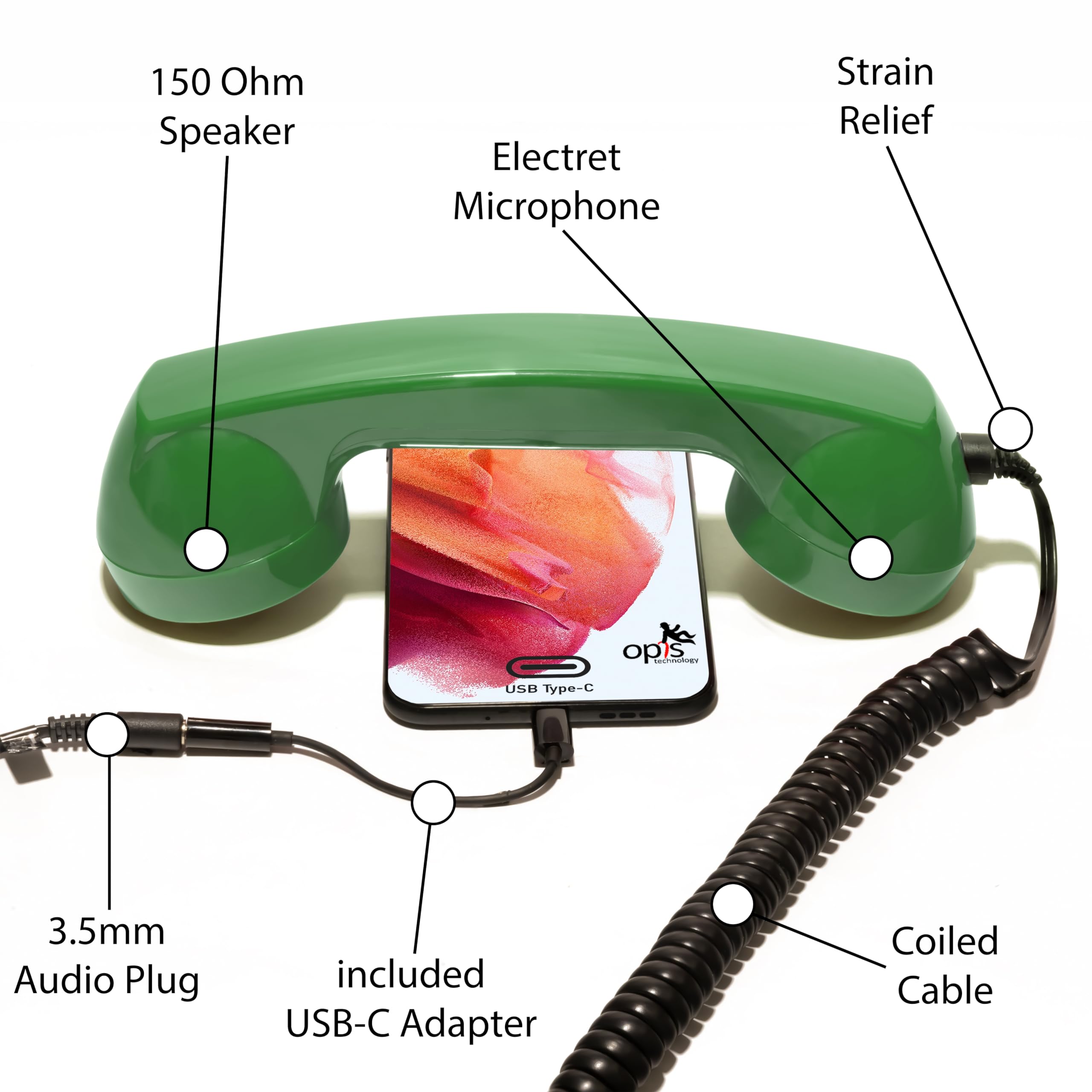 Vintage OPIS 60s Retro Cell Phone Handset - Old-Style Headset with Microphone for All Smartphones (Green) | Perfect for Nostalgic Calls, Photography Props, and Unique Gifts